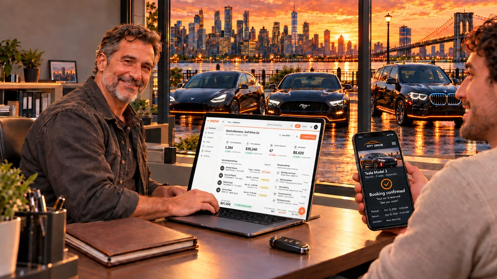 A smiling car rental operator works on a laptop showing the 1Now dashboard while a customer holds a phone with a booking confirmation, with a Tesla, Mustang and BMW parked on a city waterfront at sunset