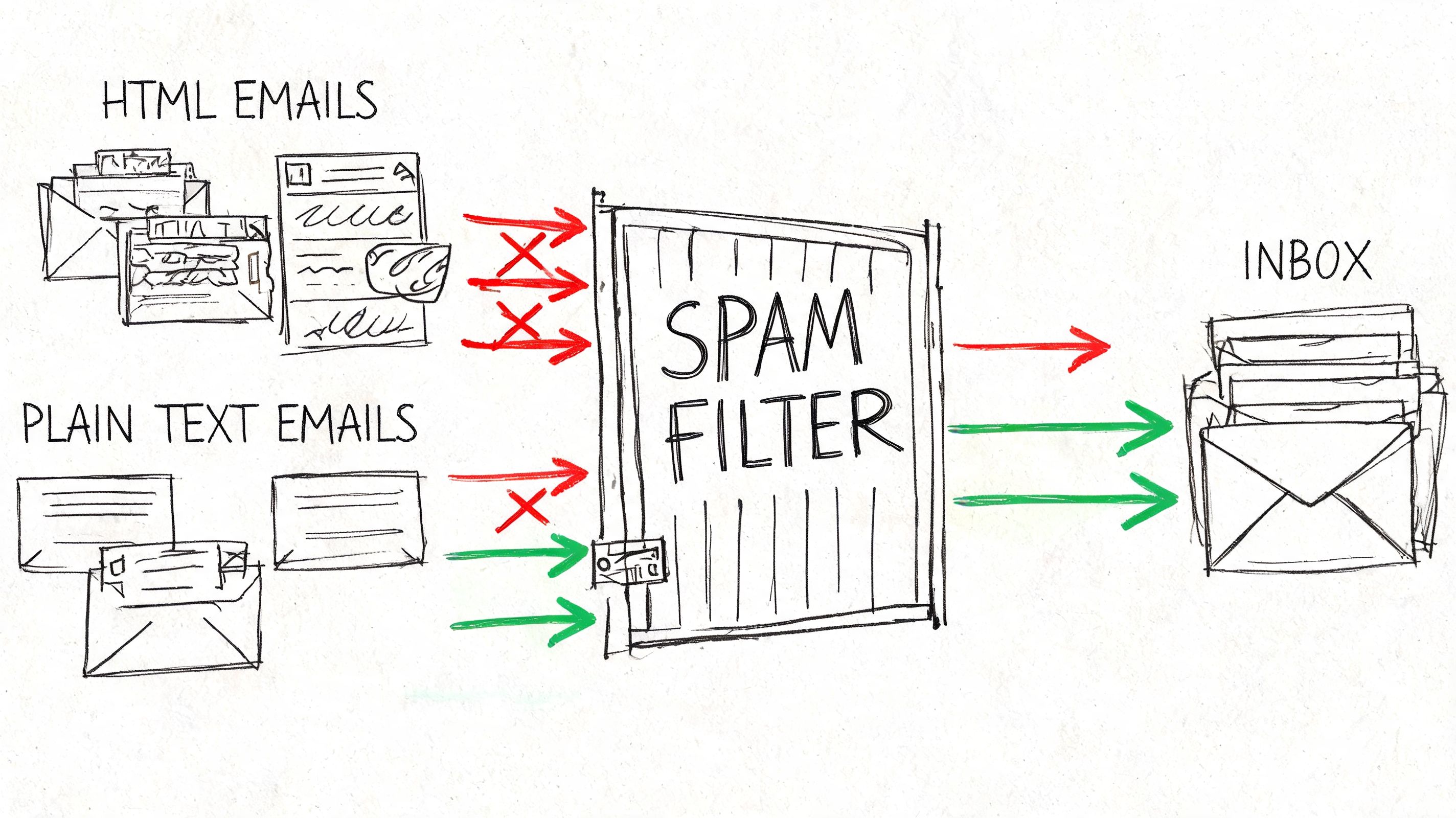 A hand-drawn diagram illustrating HTML and plain text emails being processed through a central spam filter.