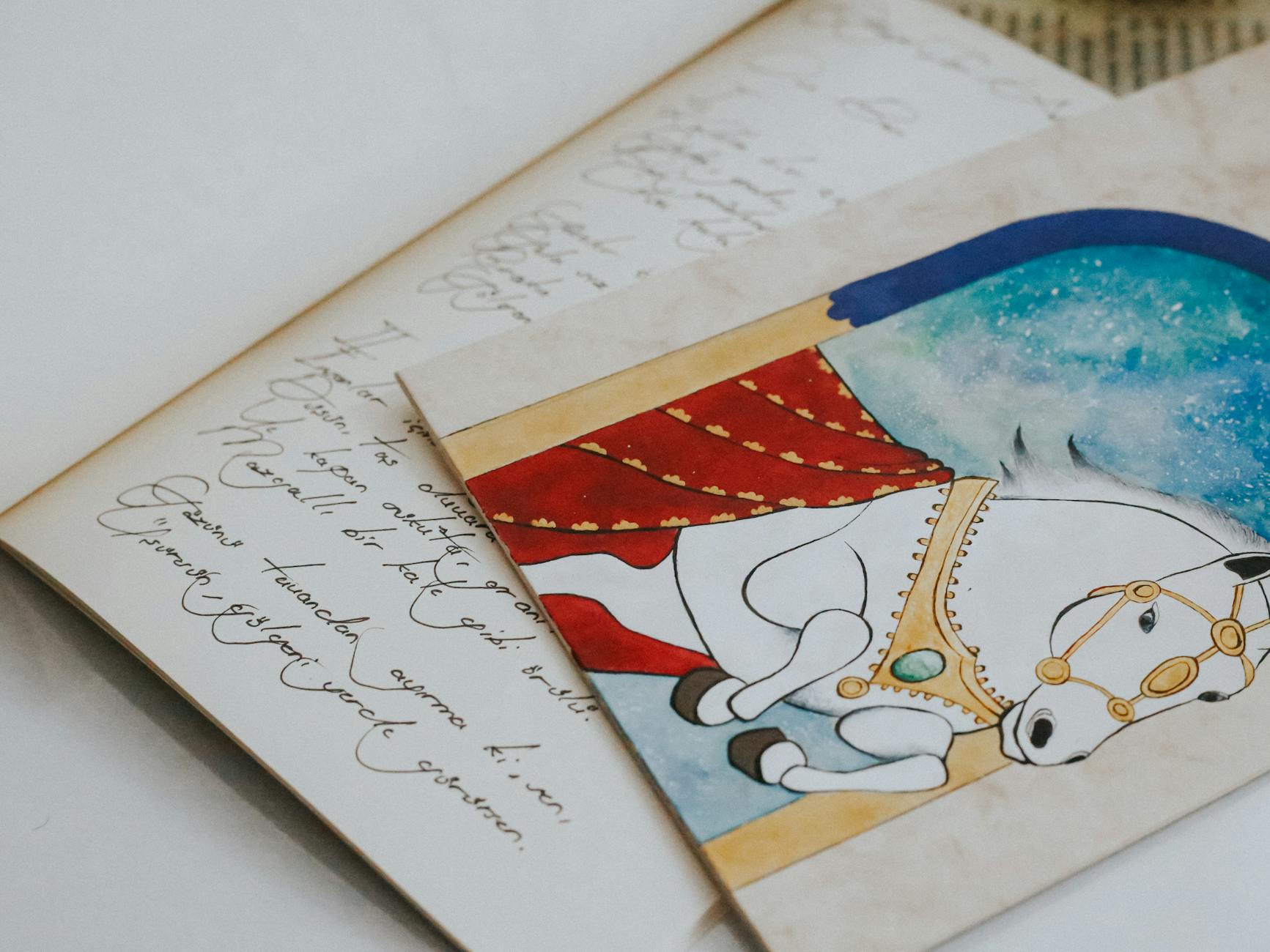 A child pointing to a colorful picture book illustration showing a daily schedule from breakfast to bedtime.