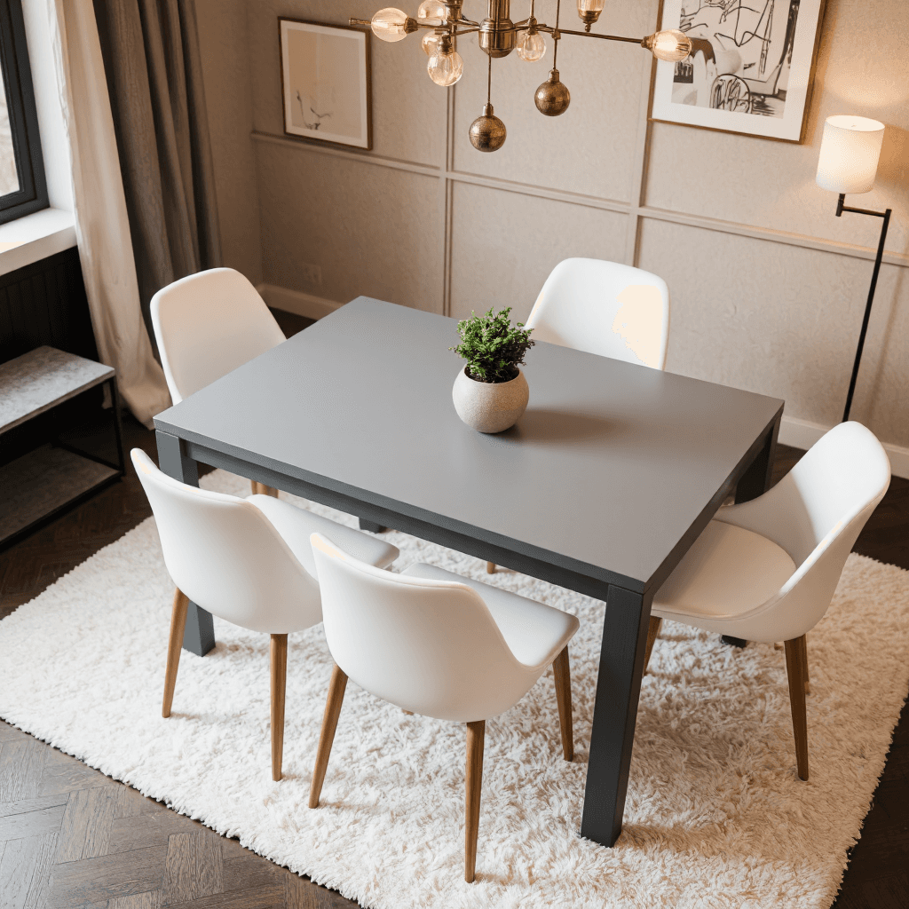 product photography of a dining table with four chairs and a plant on top