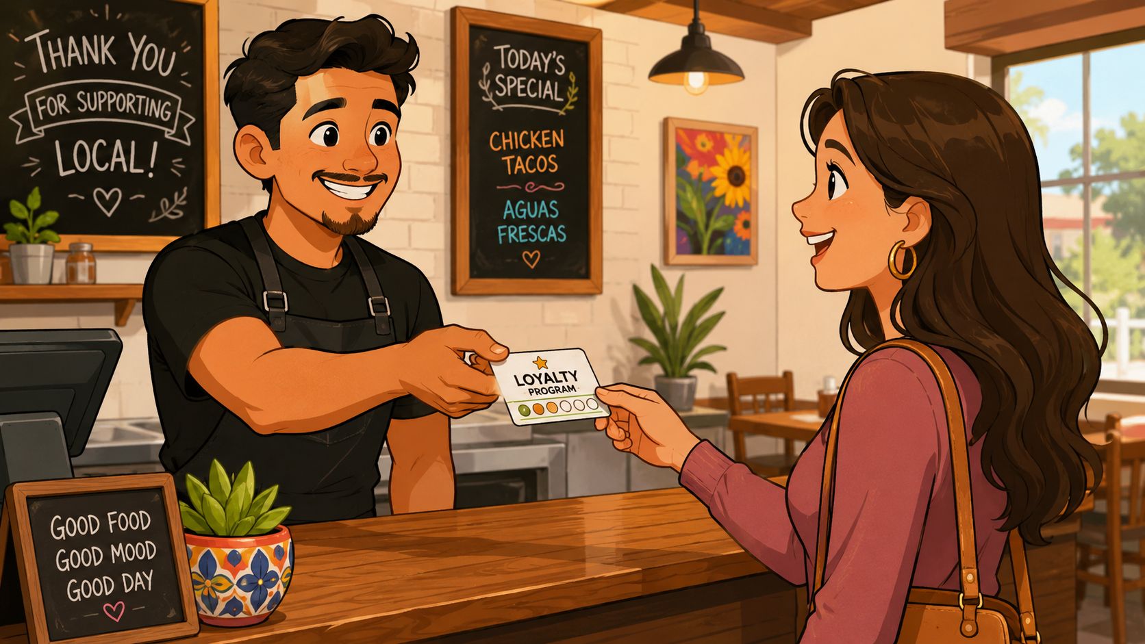 Ilustración de un empleado de restaurante sonriendo mientras entrega una tarjeta de lealtad a una clienta feliz.