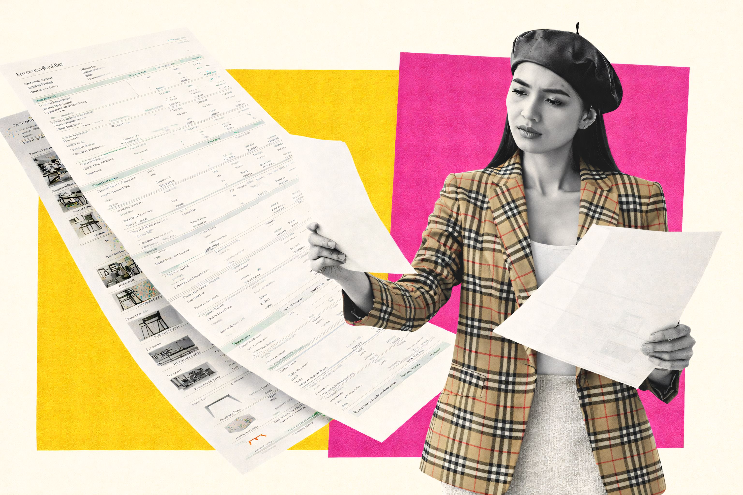 Interior designer reviewing spreadsheets, highlighting operational overload and inefficiencies in Excel-based workflows for growing design firms