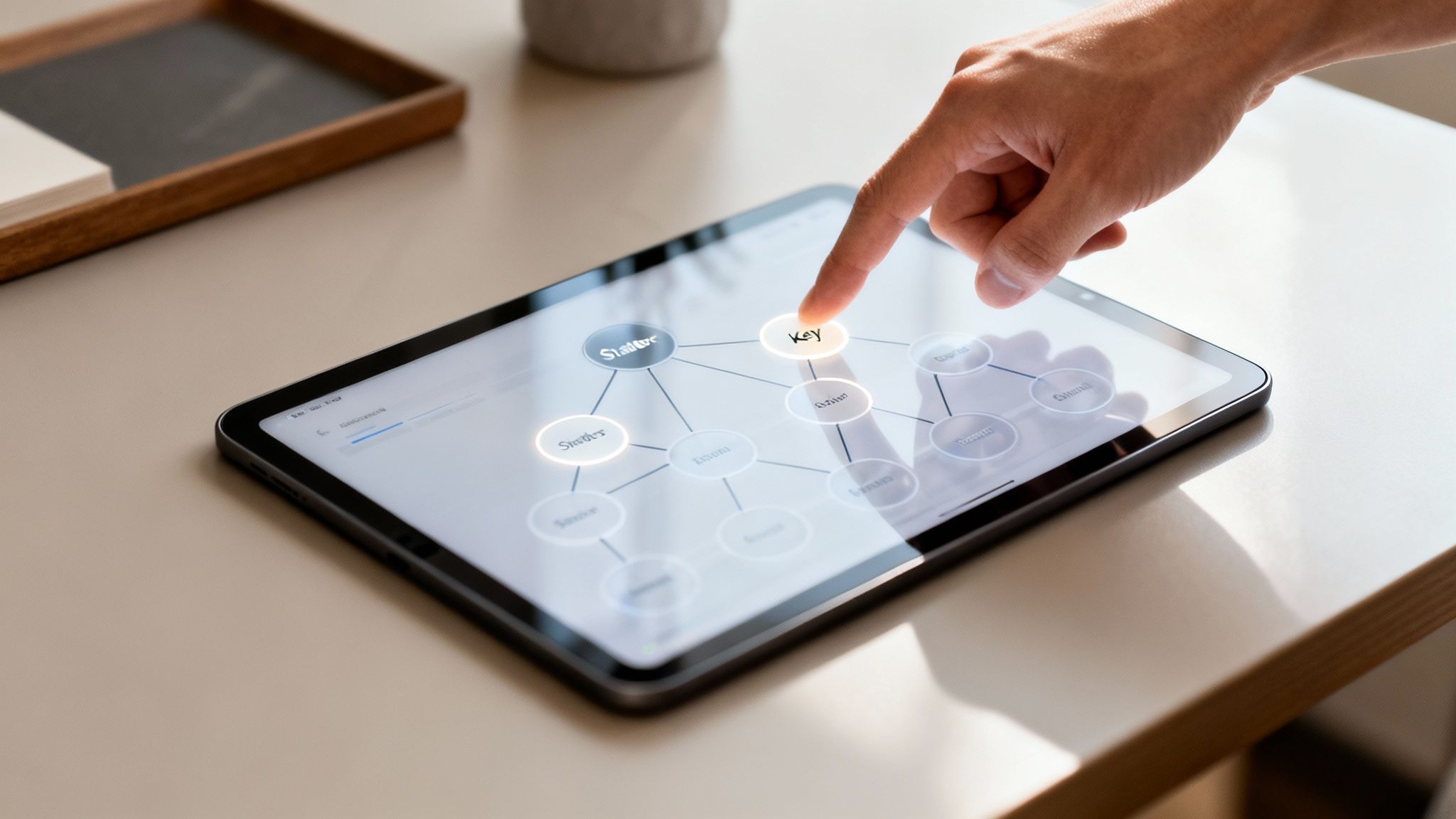 A hand interacts with a tablet displaying a strategic mind map with a 'Key' node highlighted.