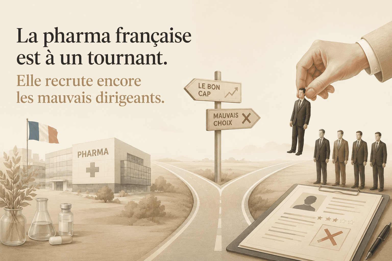 Illustration premium dans des tons beige clair sur les défis du recrutement de dirigeants dans l’industrie pharmaceutique française, représentant un carrefour stratégique entre leadership, gouvernance et choix managériaux.