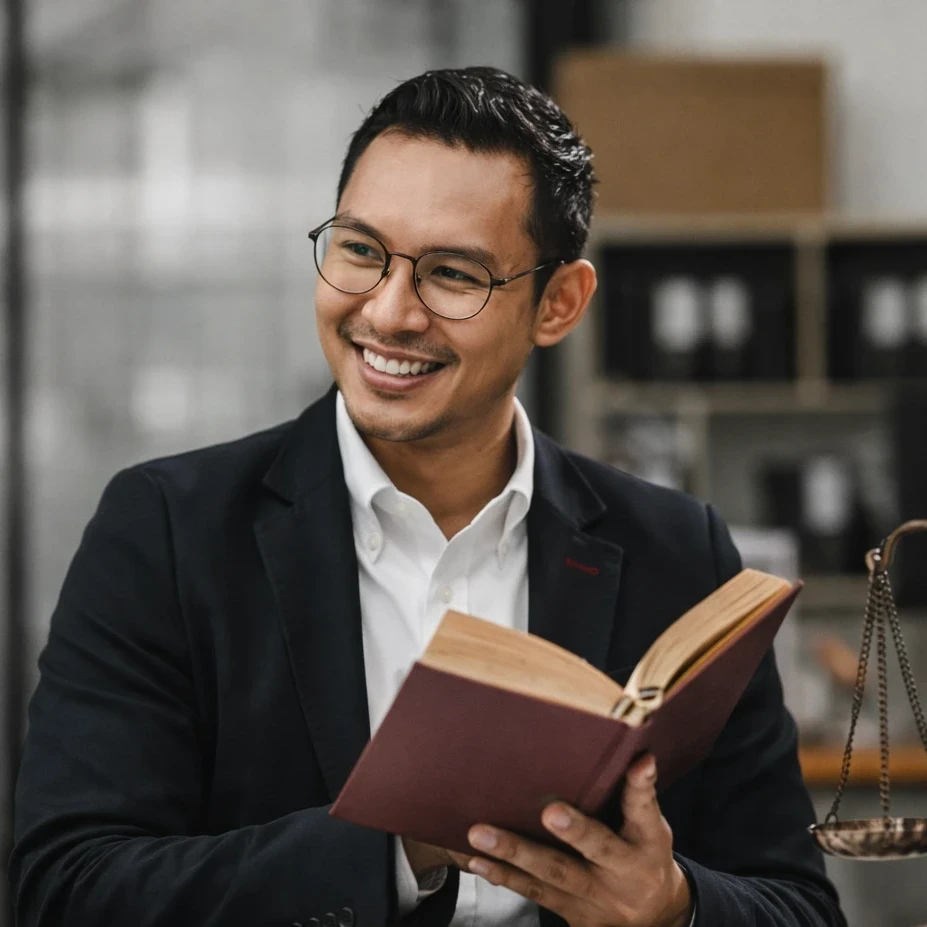 Man in suit and glasses holding an open book.