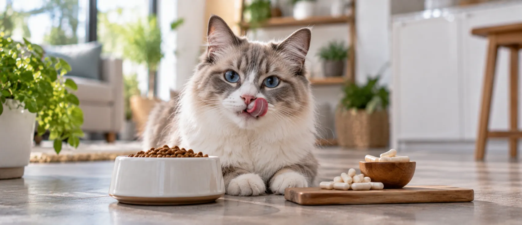 A cat licks its lips beside a bowl of food and a dish of probiotic capsules.