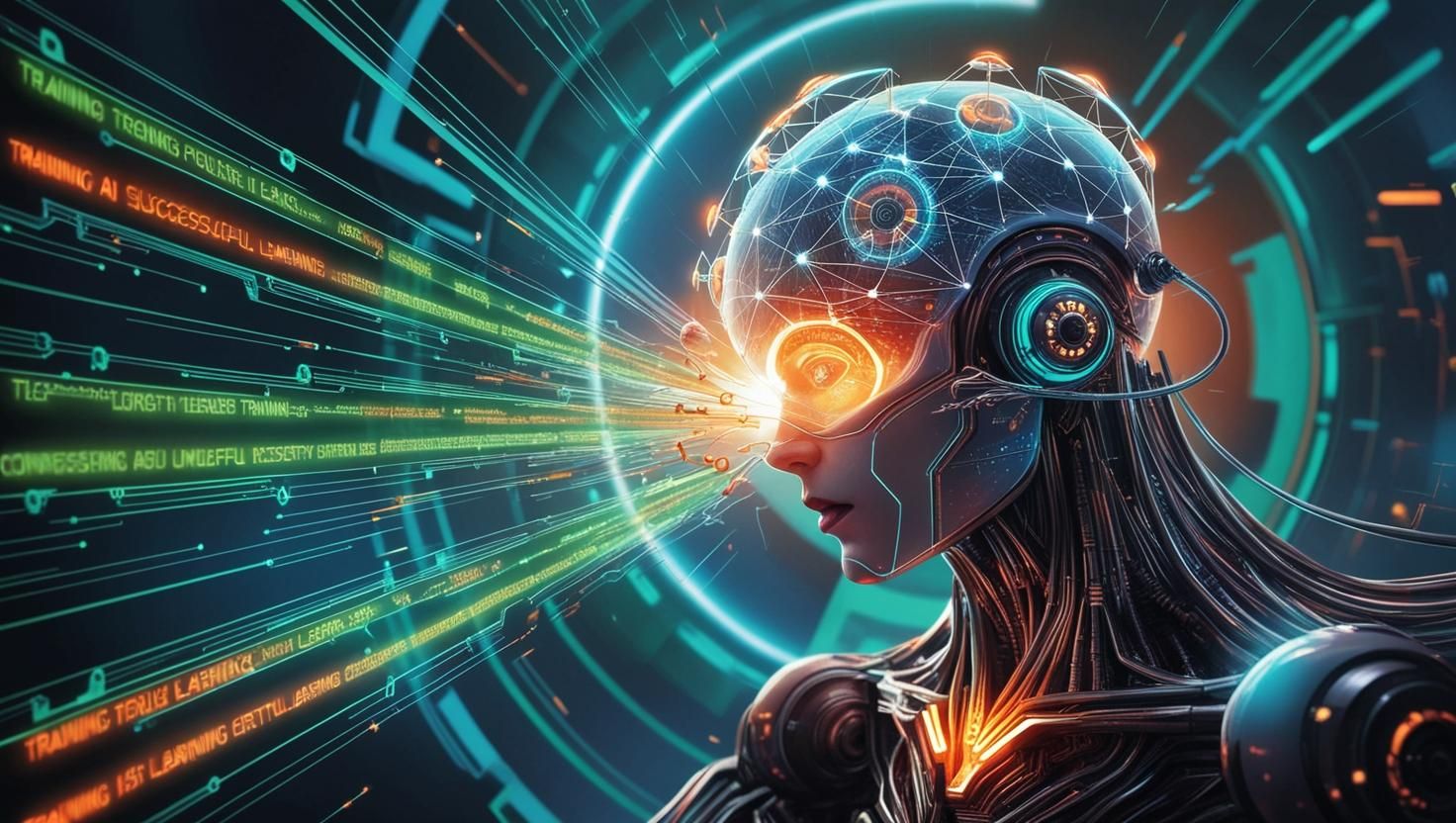 A futuristic AI training itself with streams of data, learning from its mistakes in a digital environment