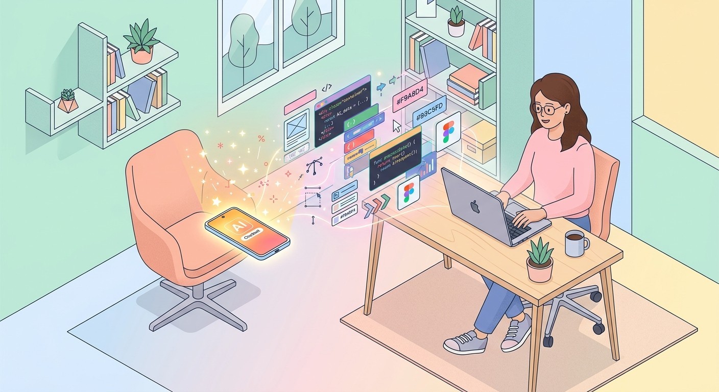 Illustration of a person at a laptop building an Android app with AI, code and design elements floating around the glowing phone
