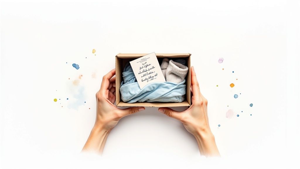 Hands holding a small gift box filled with baby clothes and a handwritten card on a white background with colorful splatters.