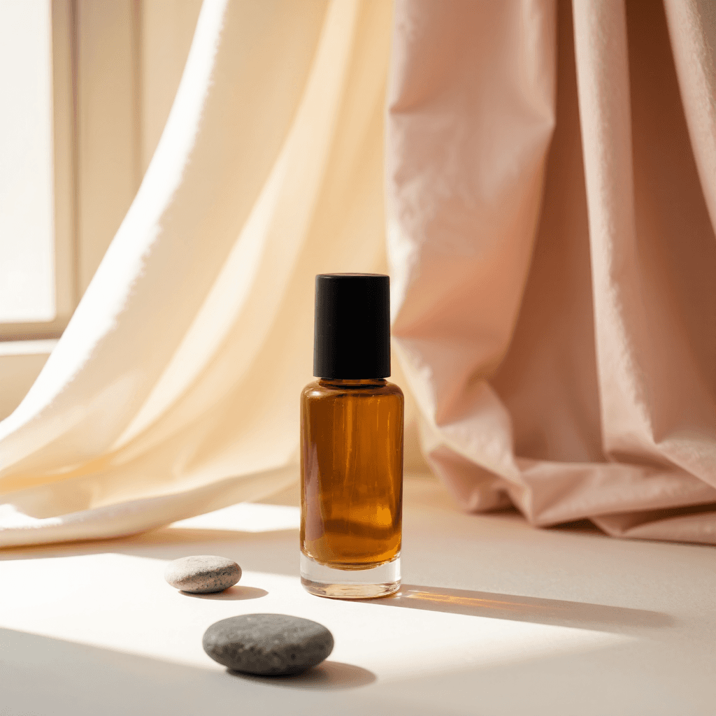 product photography of a bottle of natural essential oil