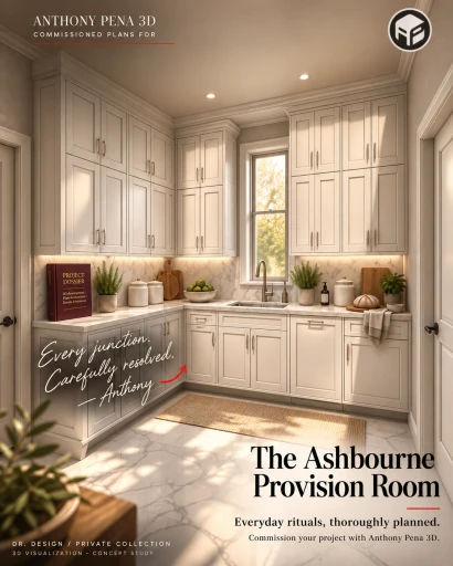 Concept pantry with pale L-shaped cabinetry, a window sink and tall upper cupboards.