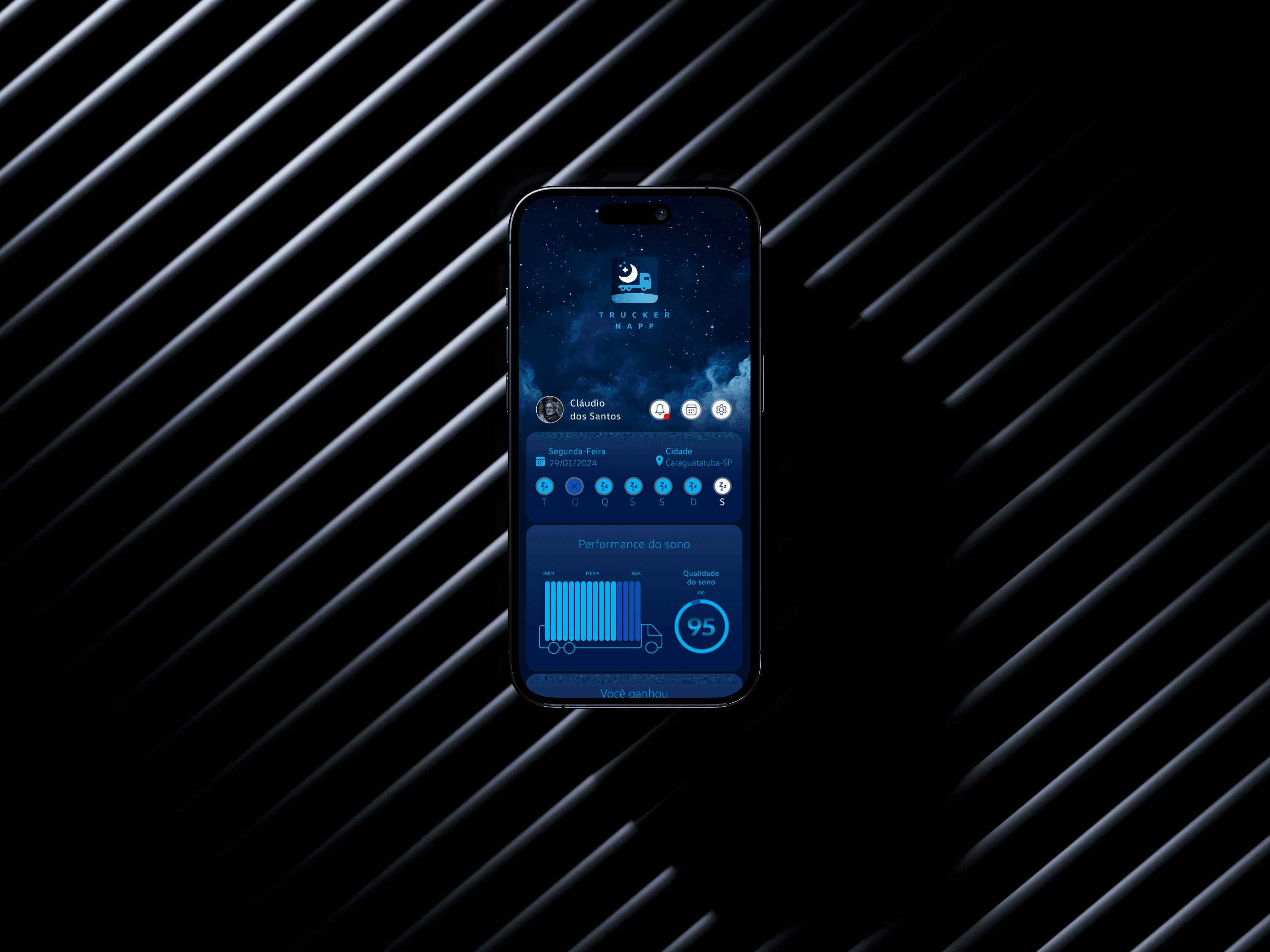 sandro Rosa - Volkswagen Trucker Napp mobile dashboard showing sleep tracking and reward points in a clear UX/UI