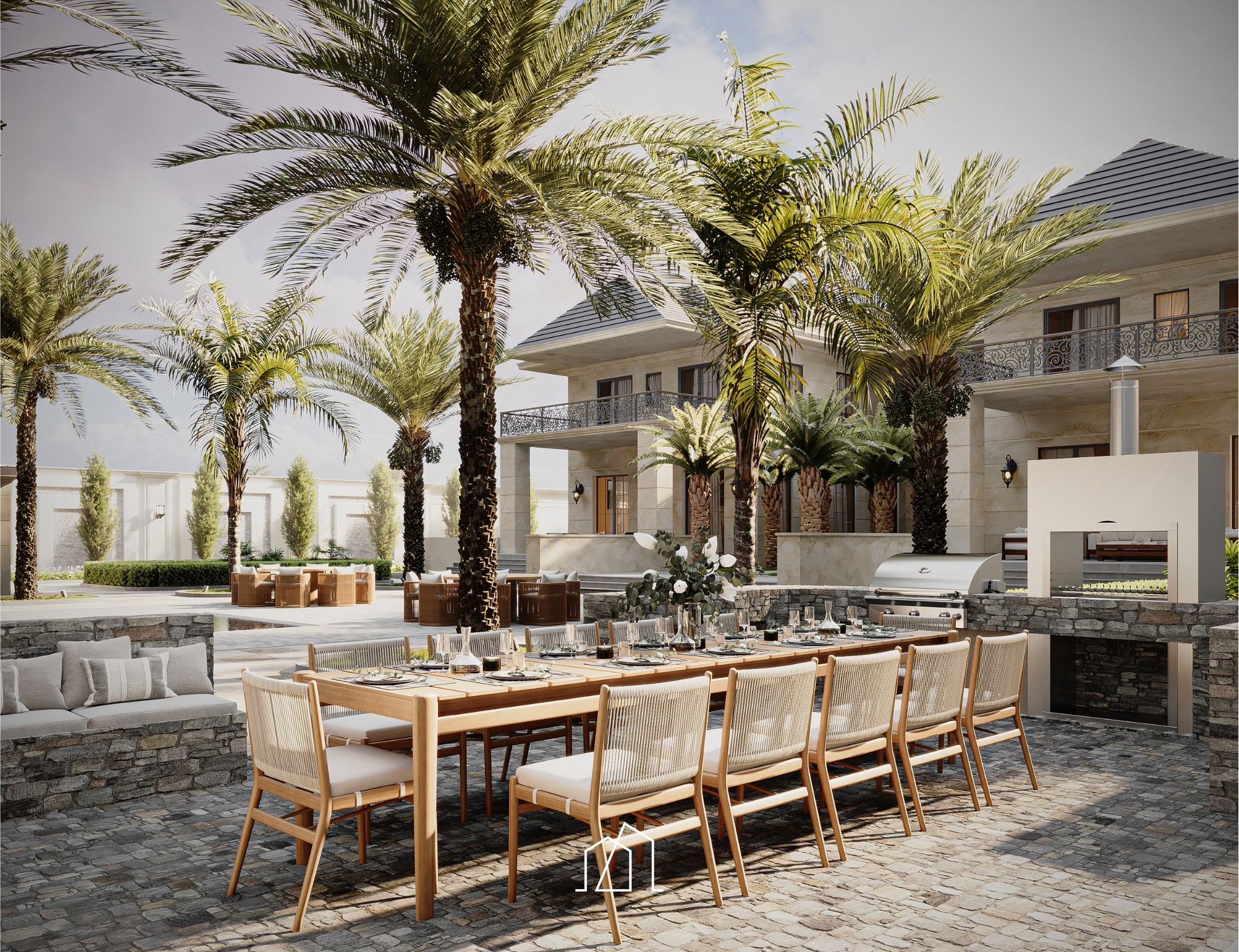 Buitenlounge en terras bij de neoklassieke villa in Marokko