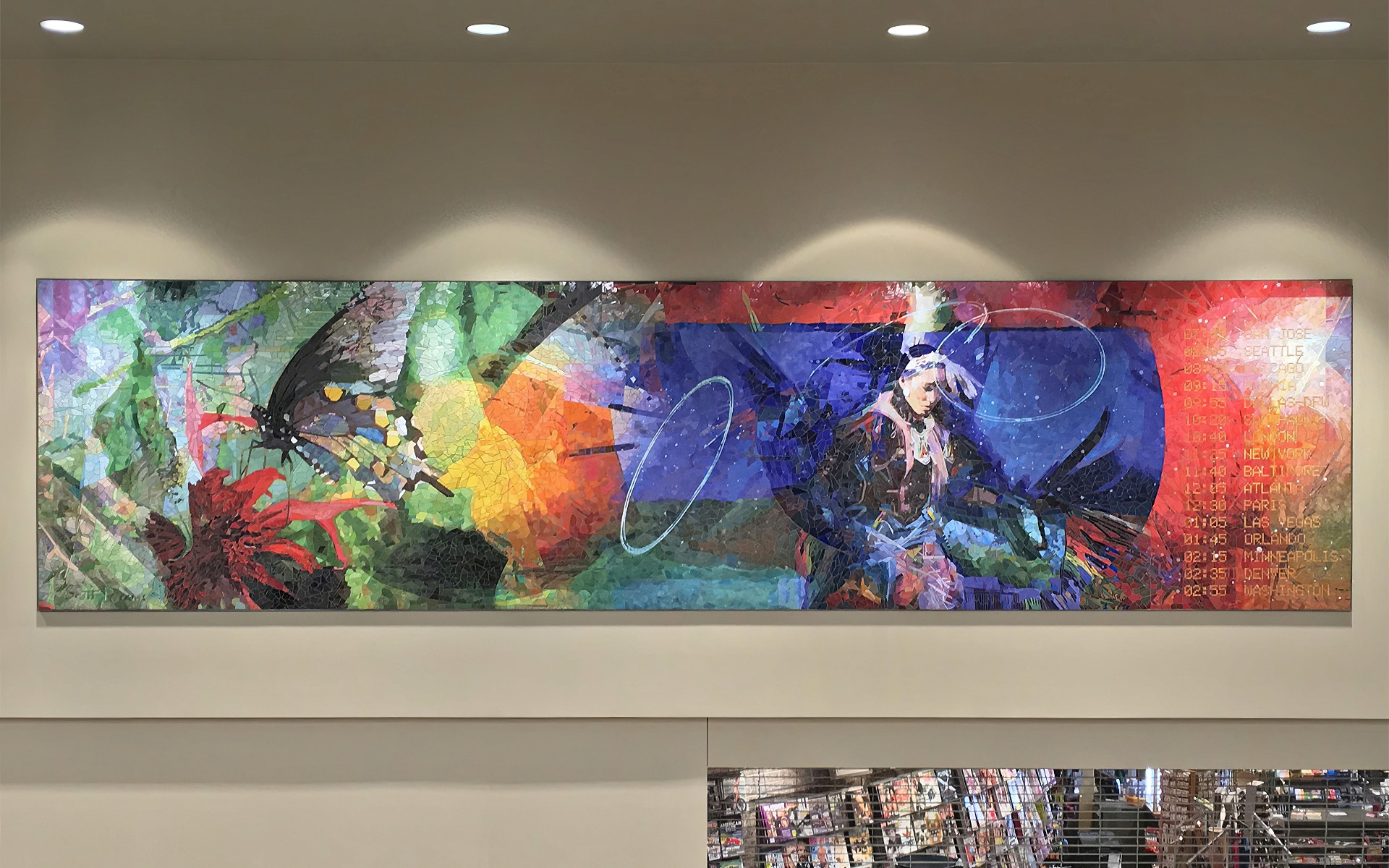 Large-scale ceramic mosaic wall installation depicting a fancy shawl dancer, butterfly, and flight departures