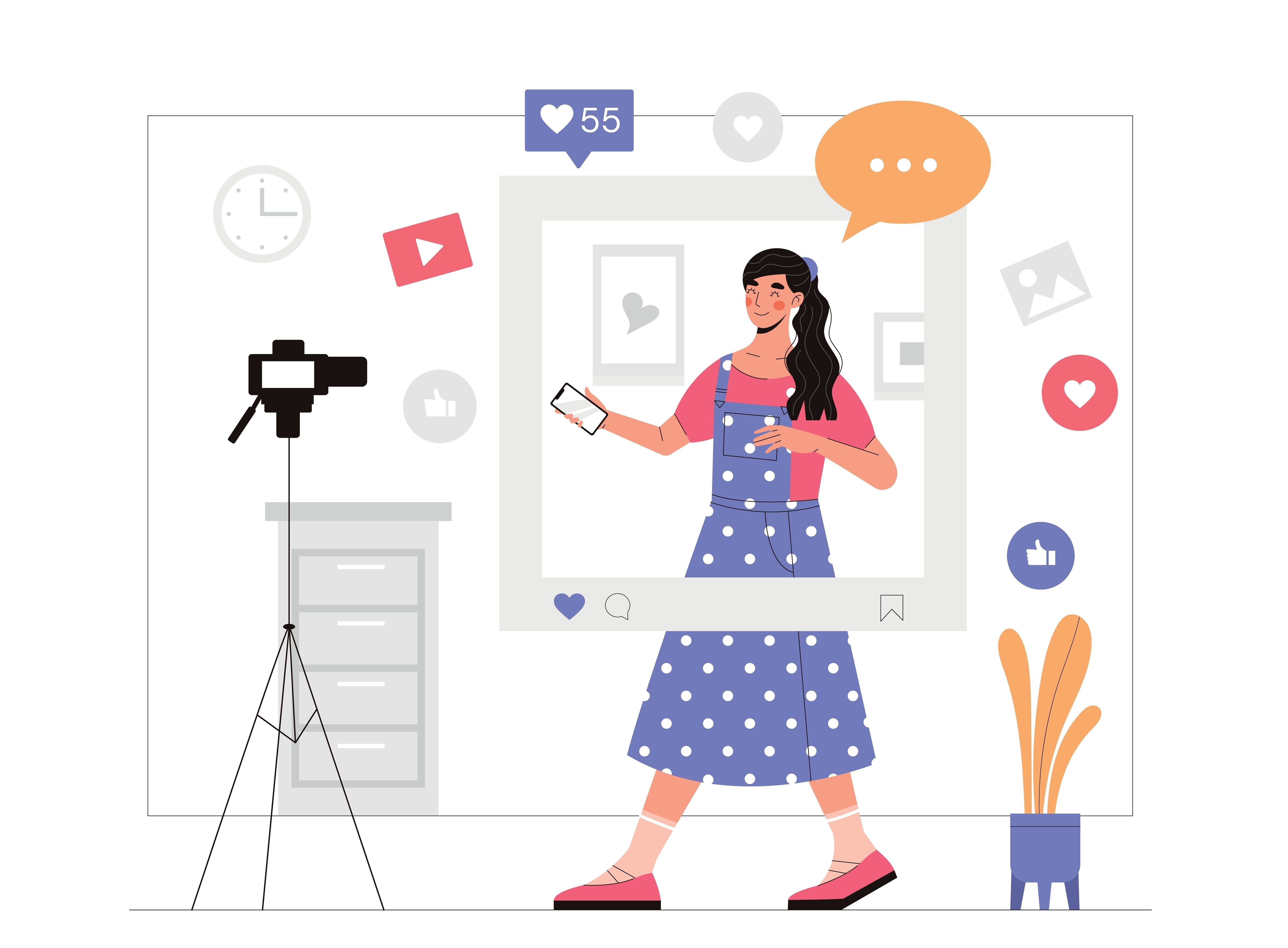 Illustration of a female influencer holding a phone inside a social media post frame with engagement icons