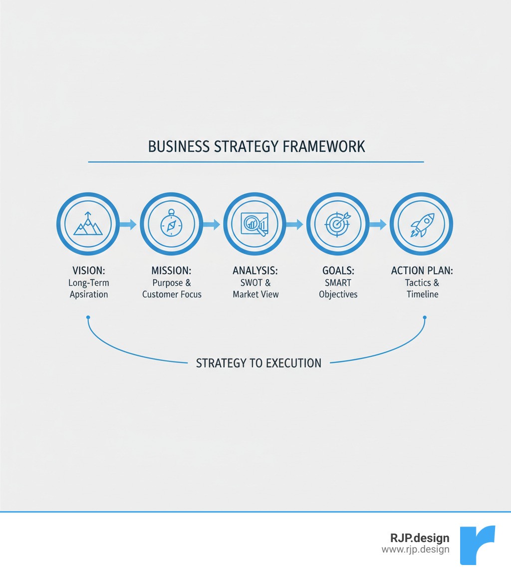 infographic showing the core components of business strategy: Vision defines your long-term aspirations, Mission clarifies your purpose and how you serve customers, Analysis includes SWOT assessment and competitive positioning, Goals are specific SMART objectives tied to growth, and Action Plan details the tactics resources and timeline for execution - our business strategy services infographic 