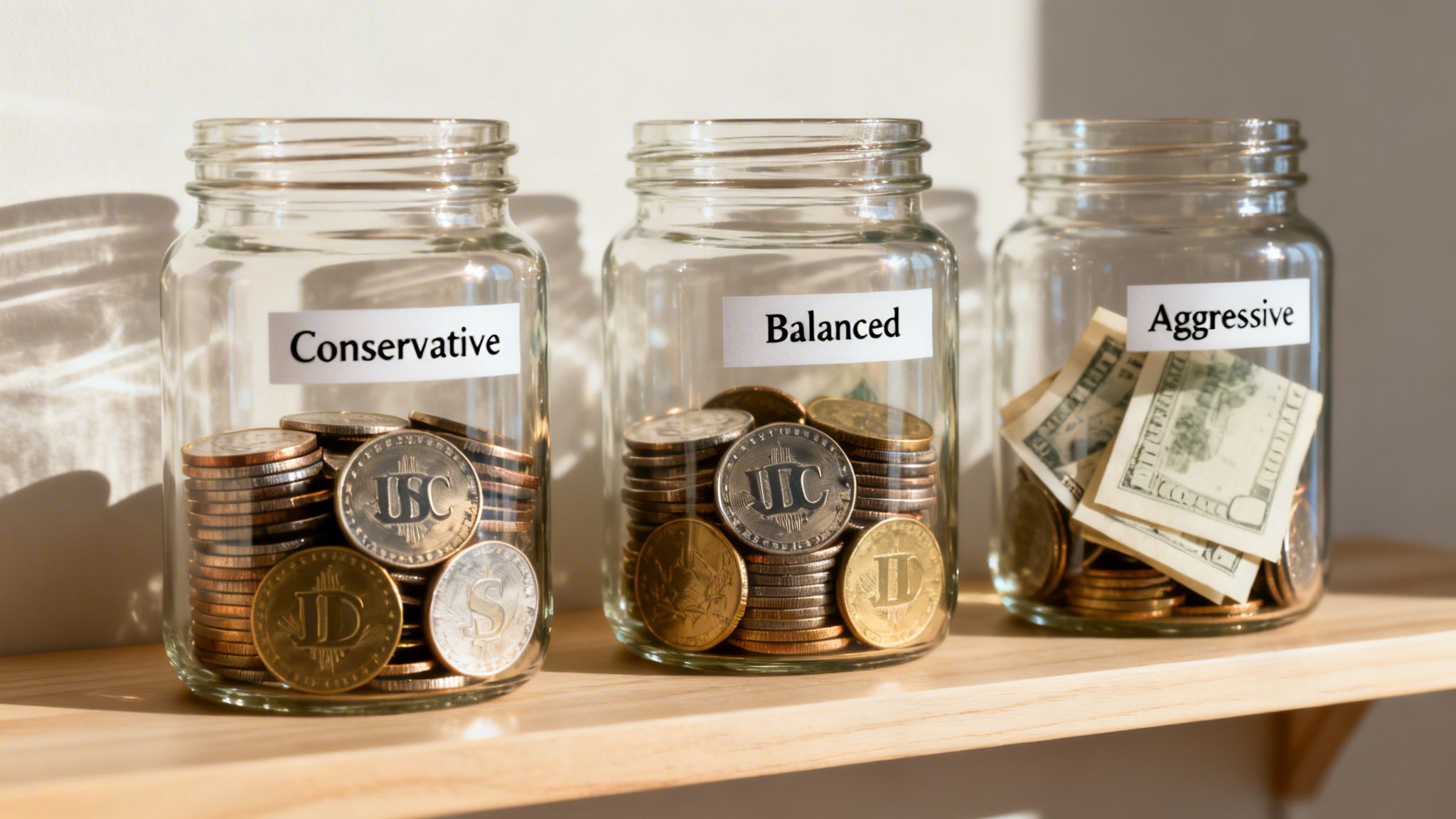 Three glass jars labeled 'Conservative', 'Balanced', and 'Aggressive' filled with coins and cash.