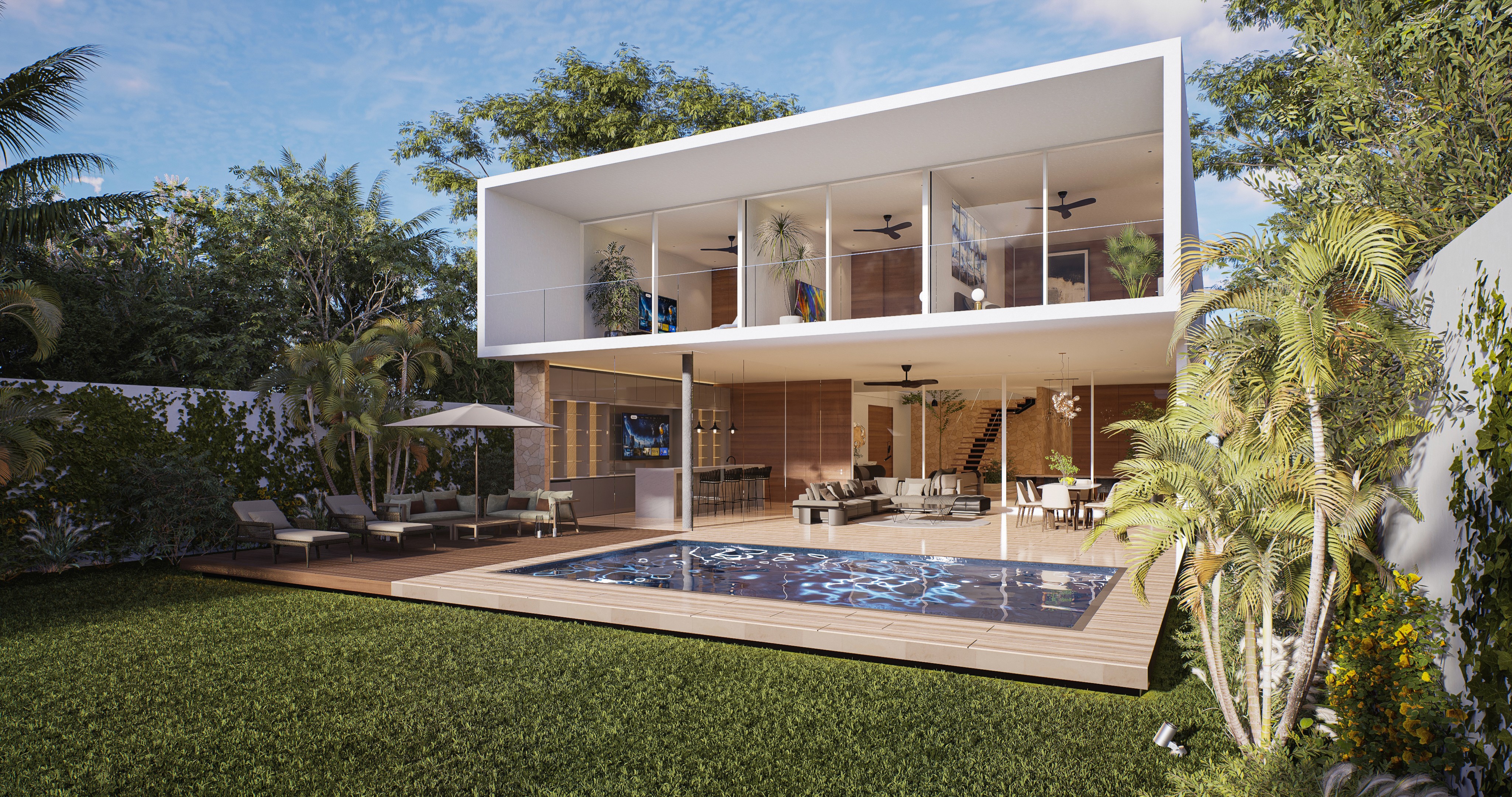 Back facade of glass house in la ceiba, merdia yucatan.