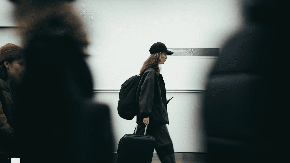 A woman carrying travel bags while moving down the subway