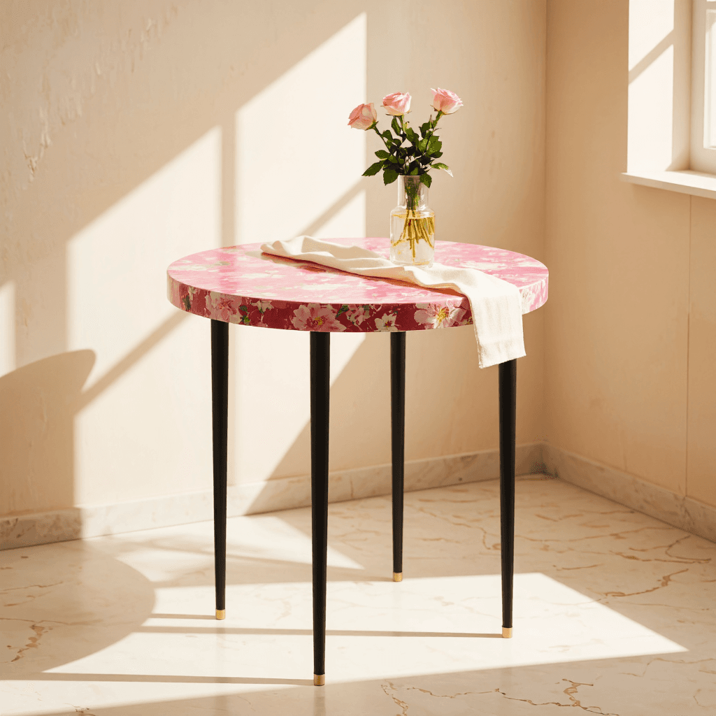 product photography of round table with floral design