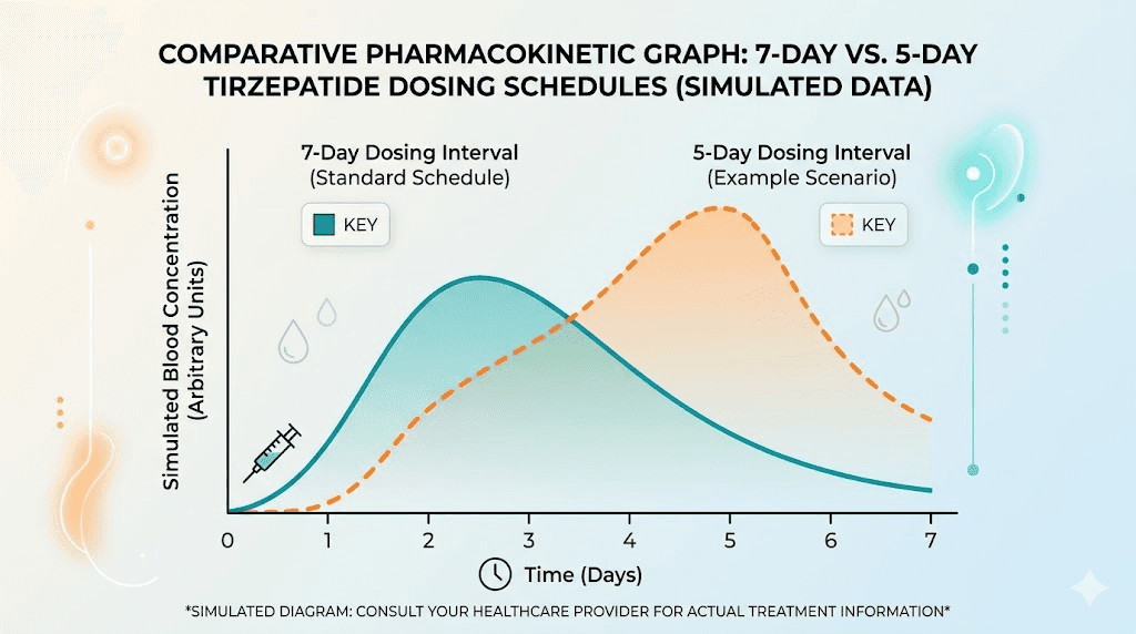 Tirzepatide pharmacokinetic curve comparing standard 7-day and early 5-day dosing intervals