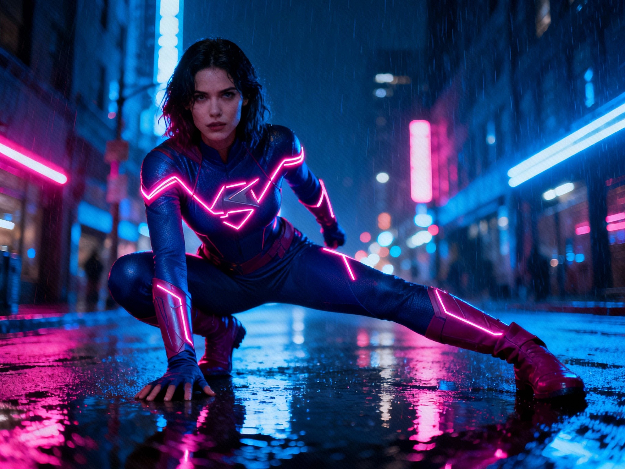 An intense close-up of a female superhero striking a bold pose on a rainy neon-lit street at night