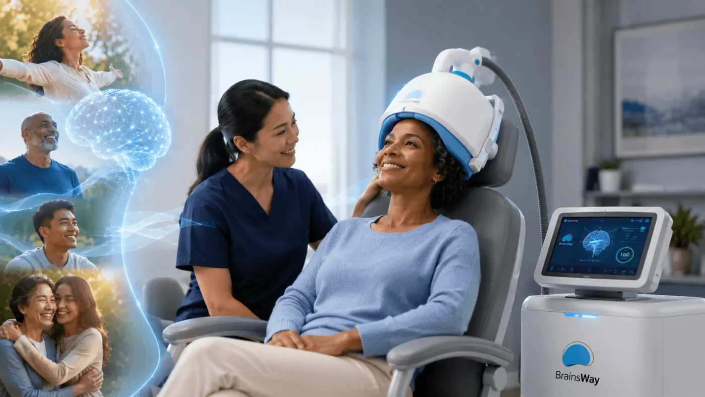 Client receiving transcranial magnetic stimulation treatment