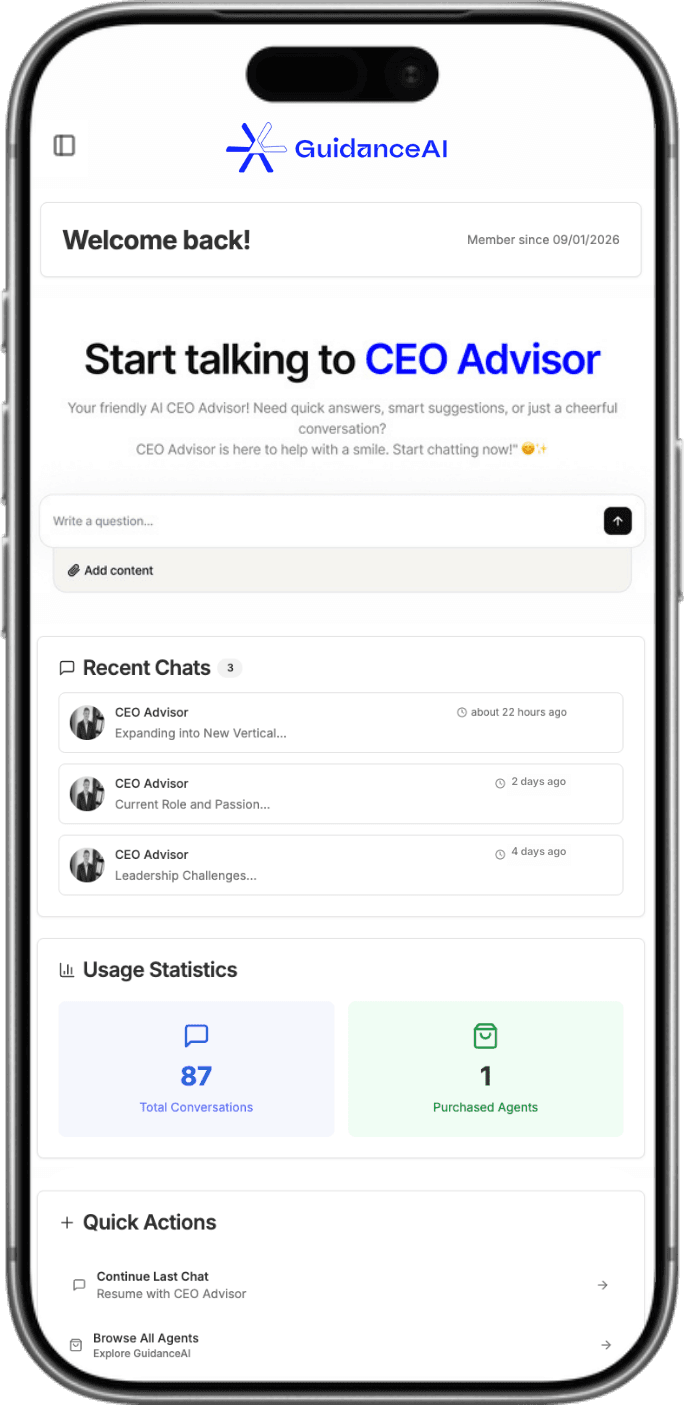 Smartphone displaying the GuidanceAI interface with a prompt to start talking to a CEO advisor and recent conversation history.