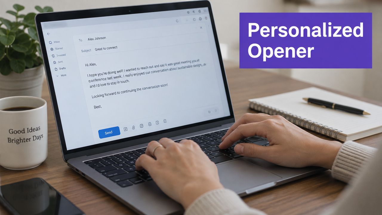 Person typing a personalized networking email on a laptop while working at a wooden office desk.
