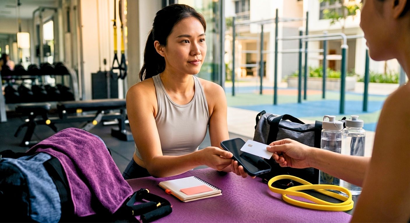 Card payment apps for personal trainers in Singapore shown during a mobile fitness session with a phone payment setup