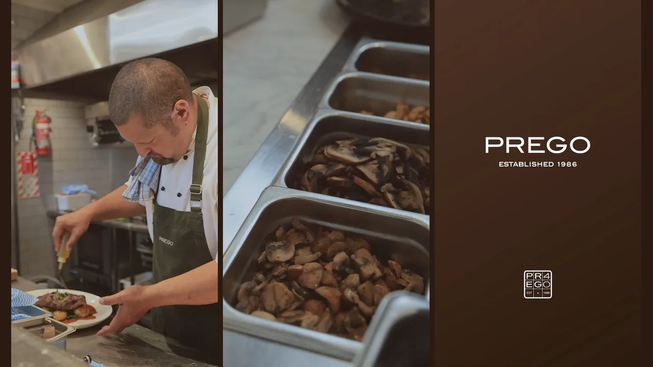Three moments in Prego’s kitchen: a steak plated, pans of mushrooms, and the Prego name