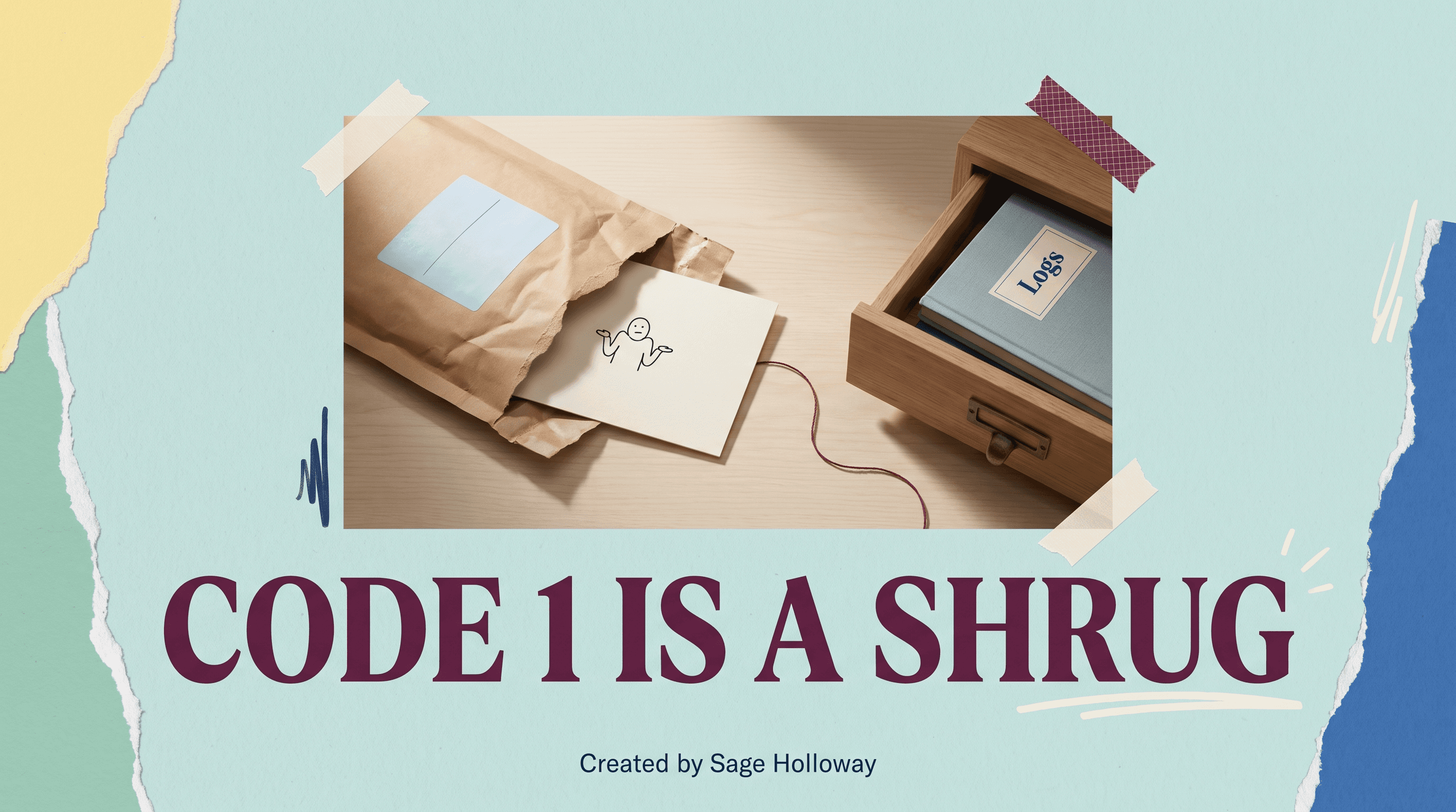 Editorial illustration of error Claude Code process exited with code 1 as a torn wrapper hiding an unread log notebook