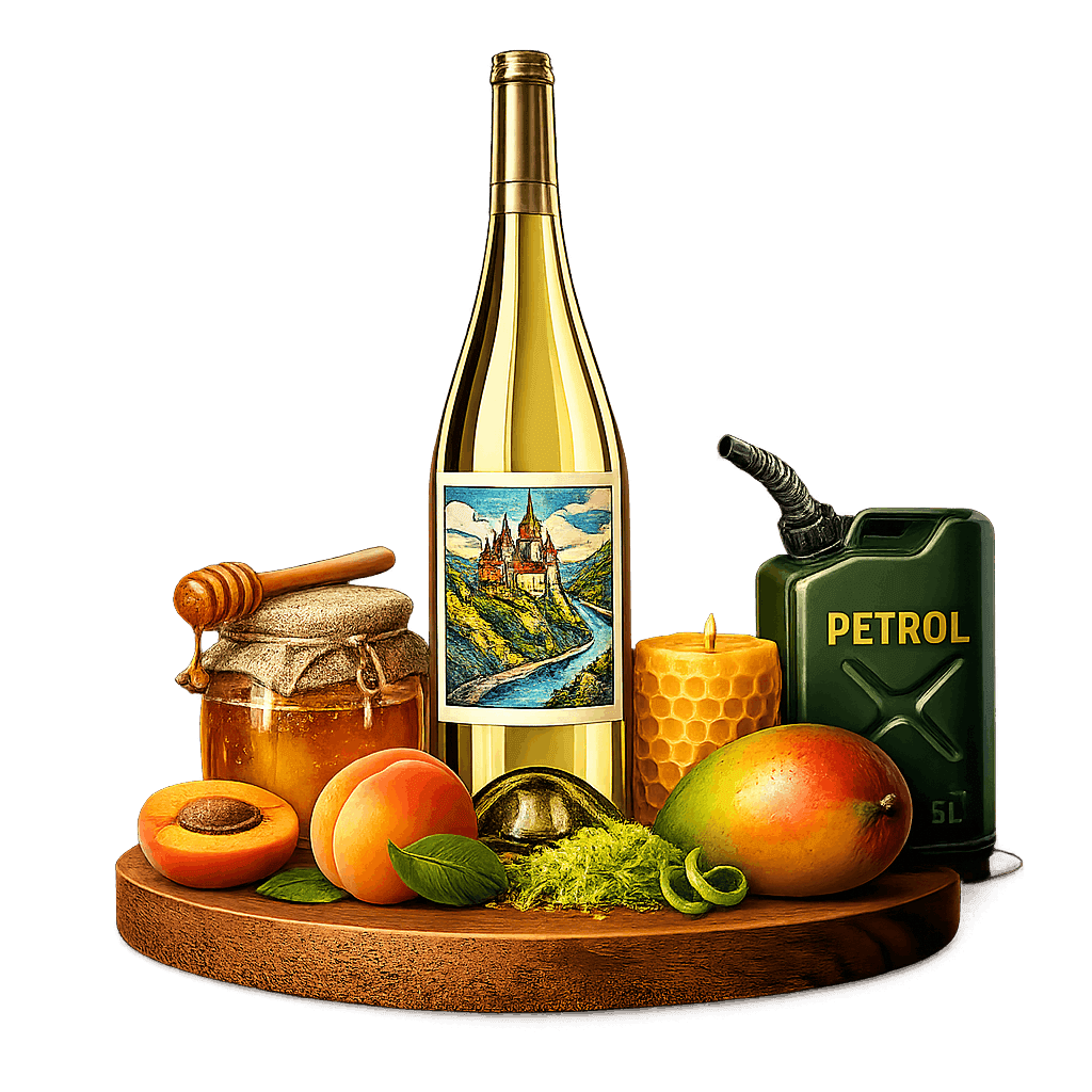 Artistic label and flavor profile for German Riesling Auslese on a rustic wooden table.