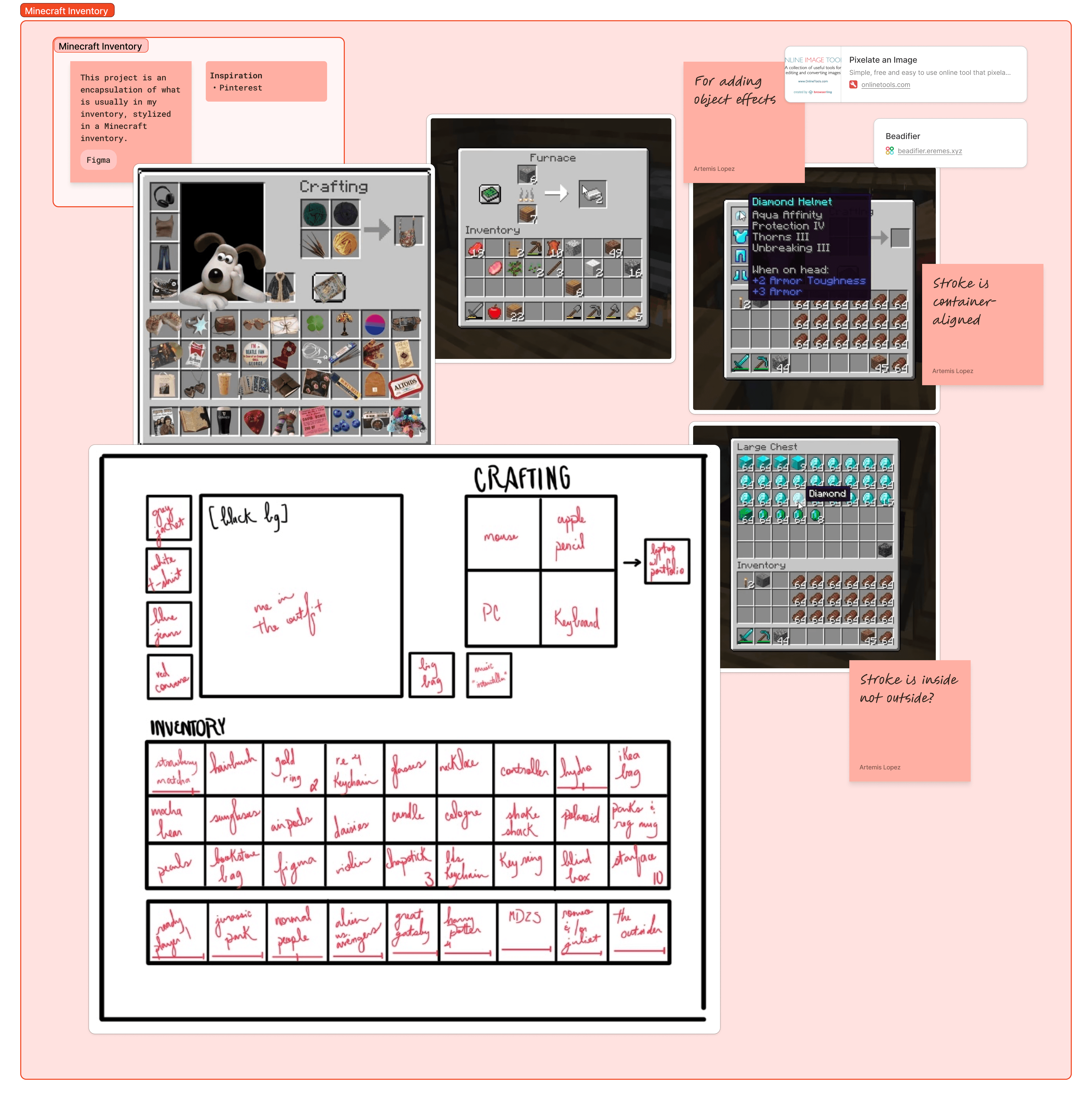 A digital moodboard shows Minecraft inventory references, handwritten wireframe sketches, and sticky-note annotations describing layout ideas and interface observations.