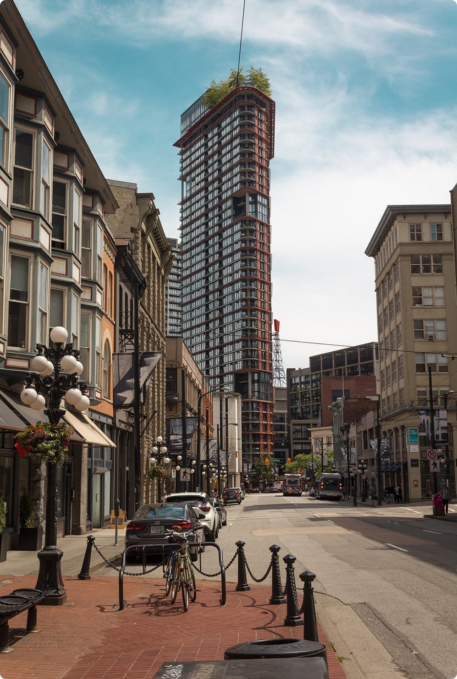 Urban commercial buildings with high-rise tower, representing mixed-use and commercial development