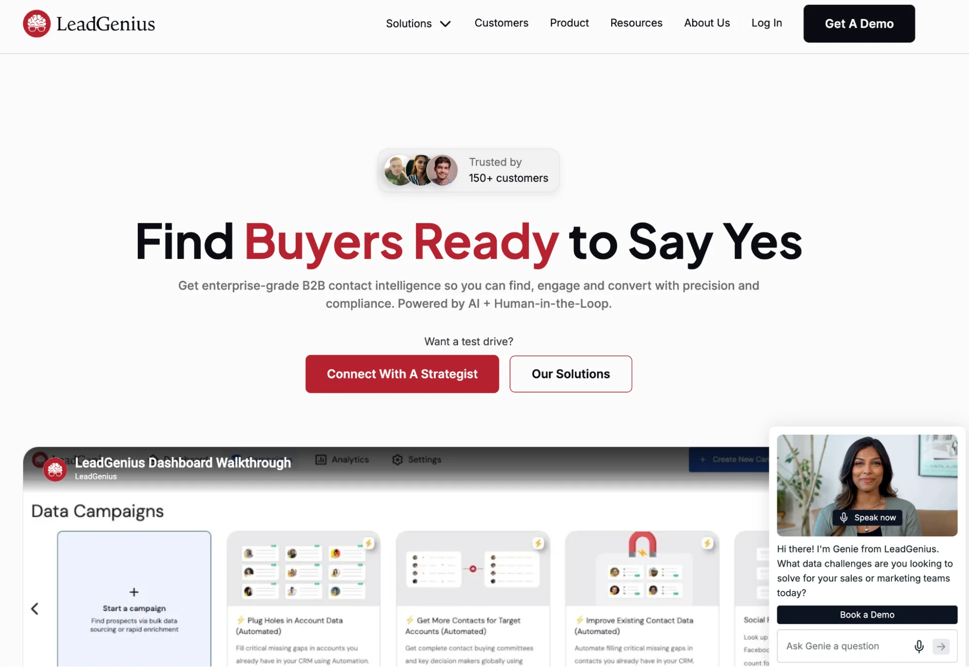 LeadGenius homepage: AI plus human research for custom B2B data enrichment