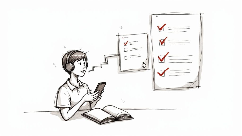 A student using speech to text software for students on their laptop in a library.