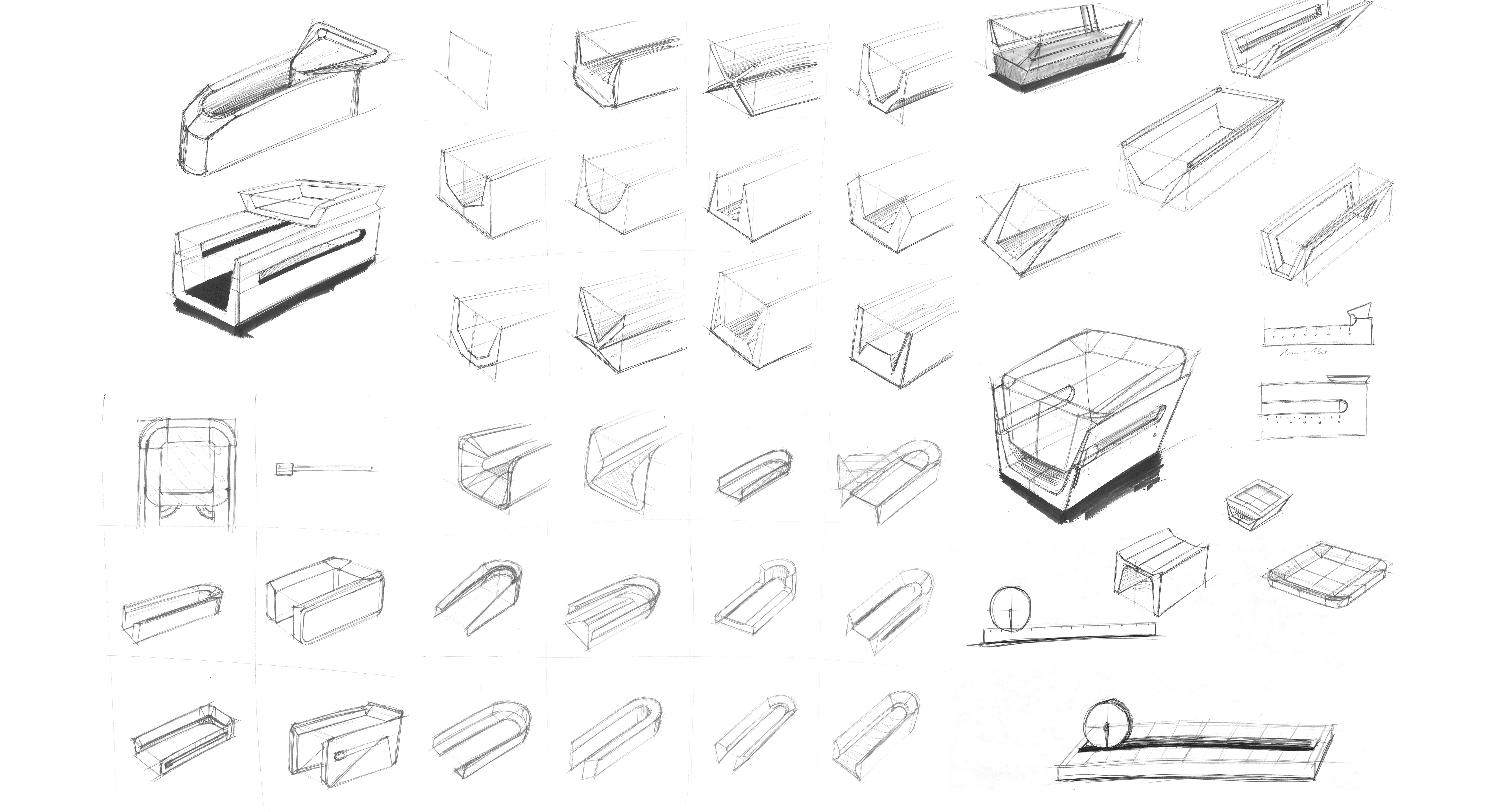 Concept and design process sketches for the Lift alarm clock in black ink.