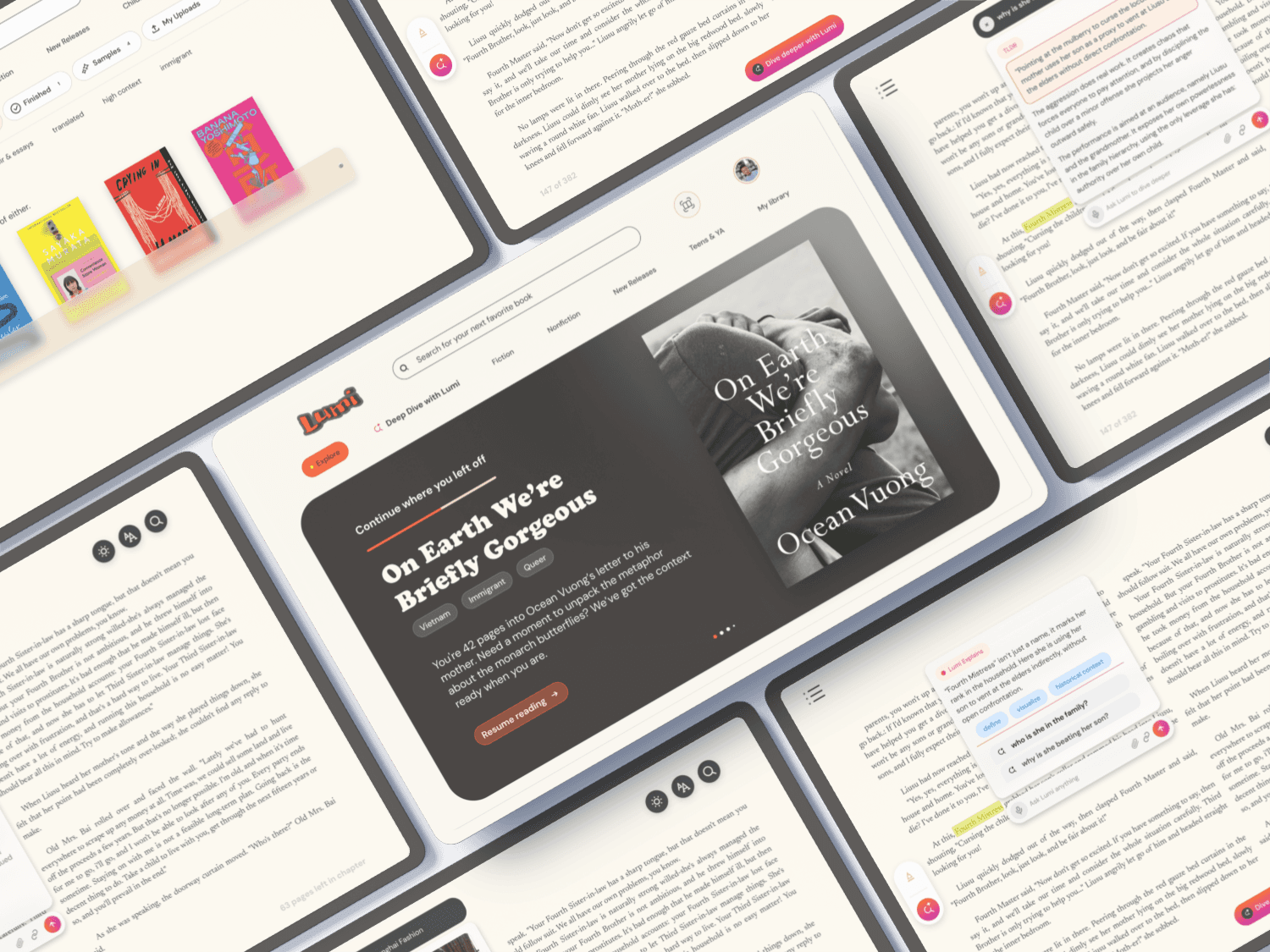 Lumi, an AI reading companion: the reader and library screens