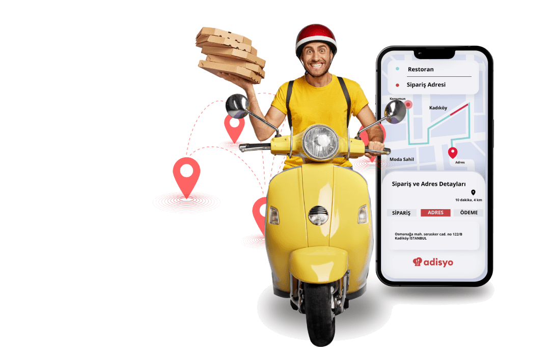Sarı motosikletle pizza taşıyan kurye ve Adisyo uygulamasında sipariş adresi haritası