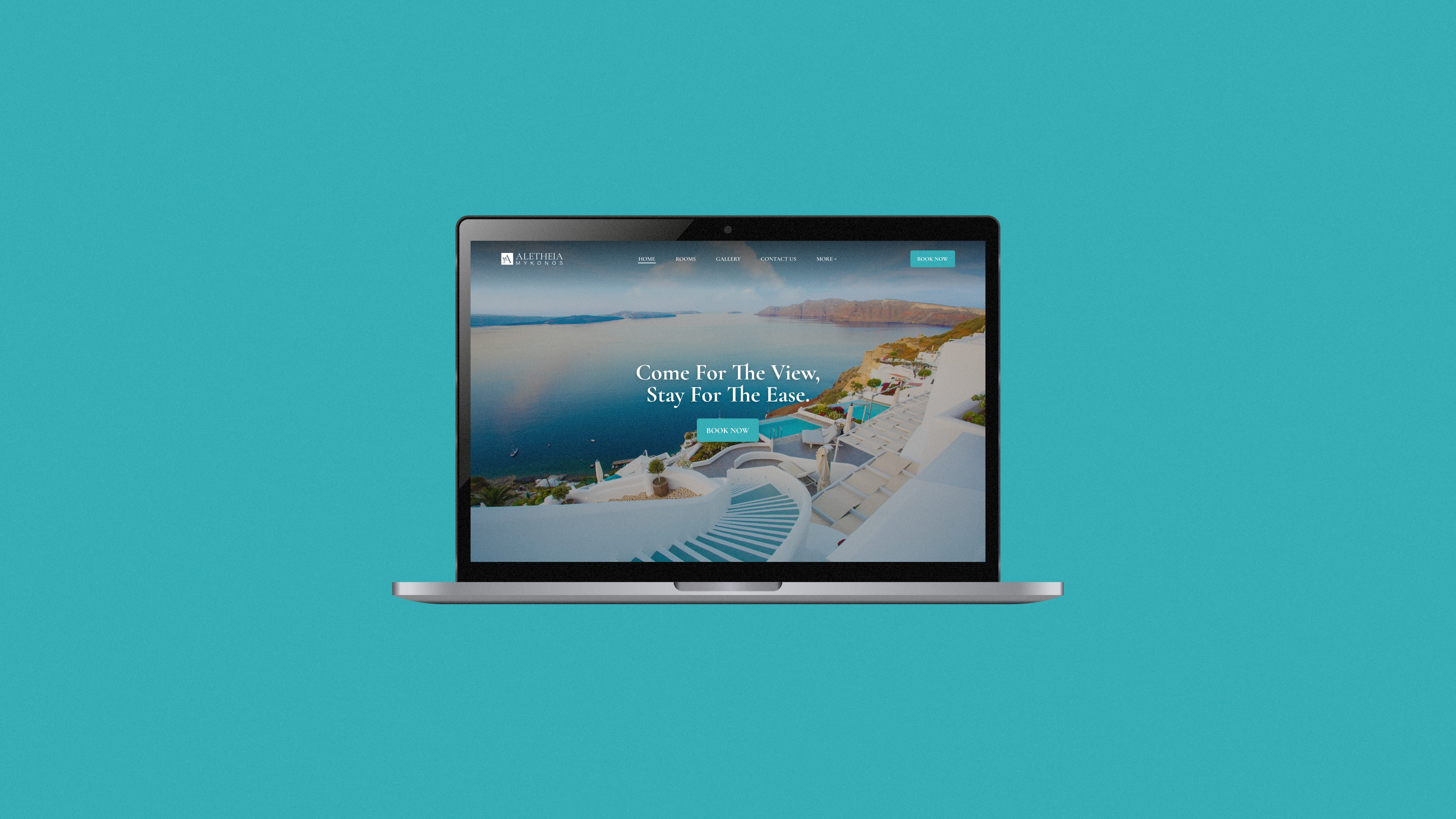 Laptop mockup featuring a website landing page for a Greek hotel in Mykonos