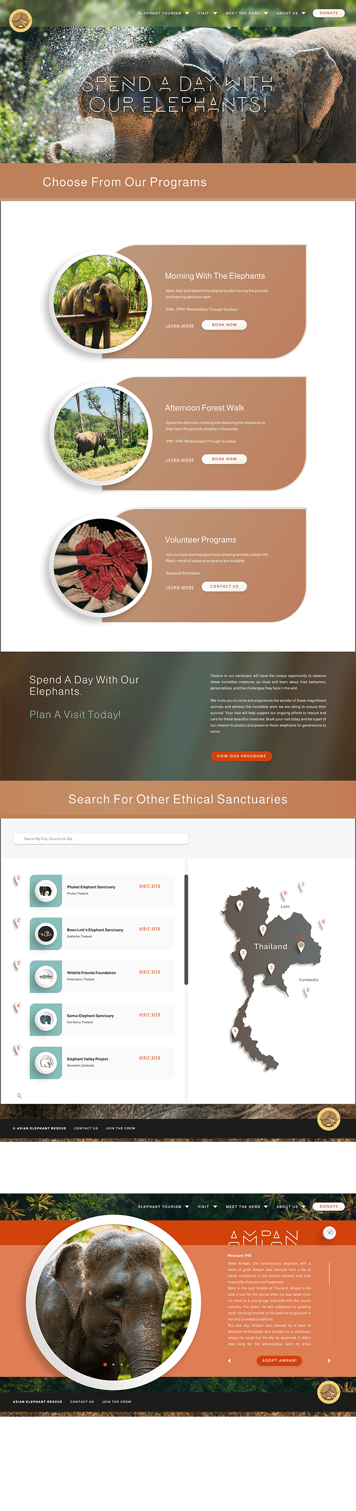 Contents of the 'Visit Us' page: details of three visitation programs with images of elephant interactions and a map of other ethical organizations.