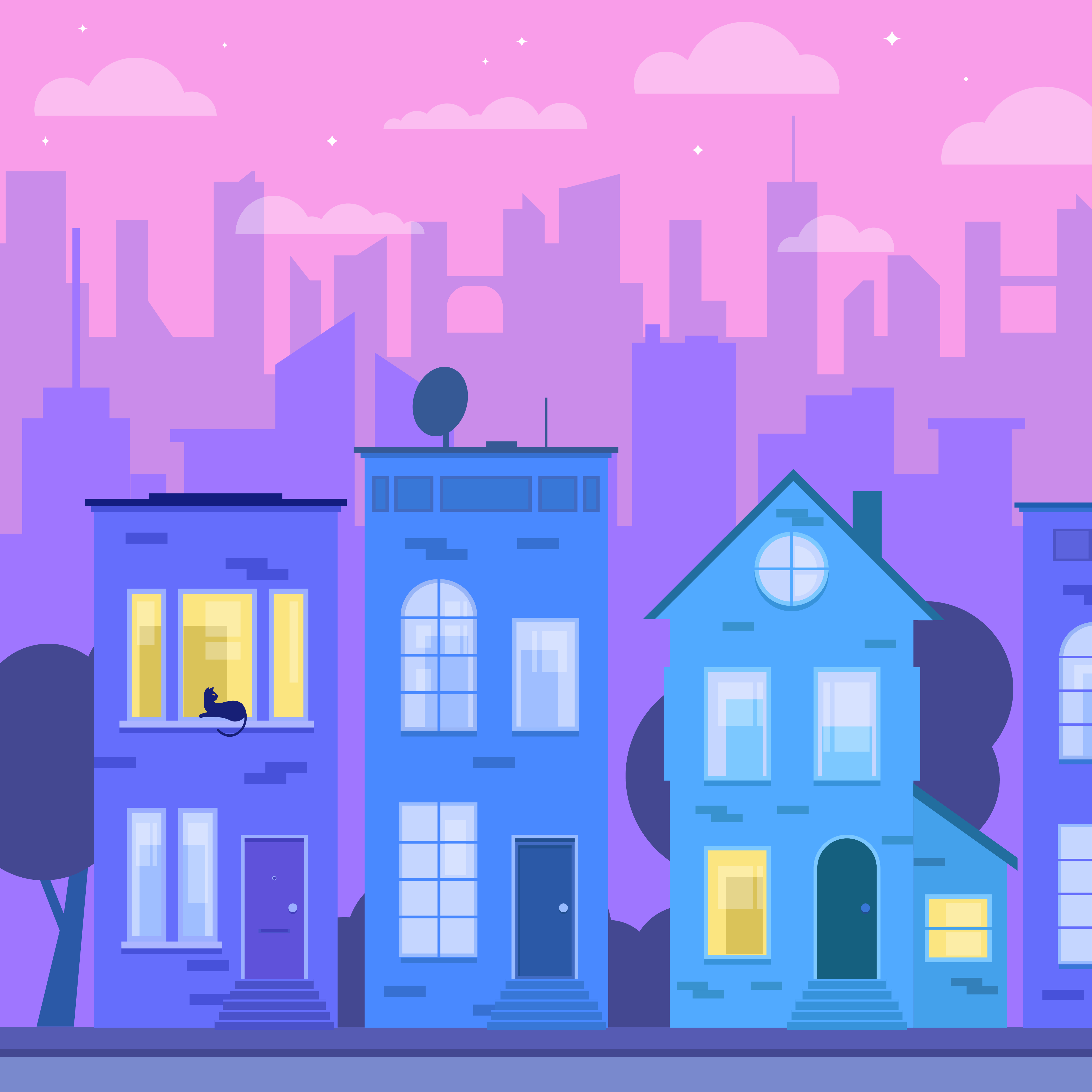 A spacious industrial-style interior with exposed brick walls, large windows, and natural light pouring in during sunset. Wooden desks with plants and workspace materials are arranged along the walls, with a view of greenery and an outdoor seating area.