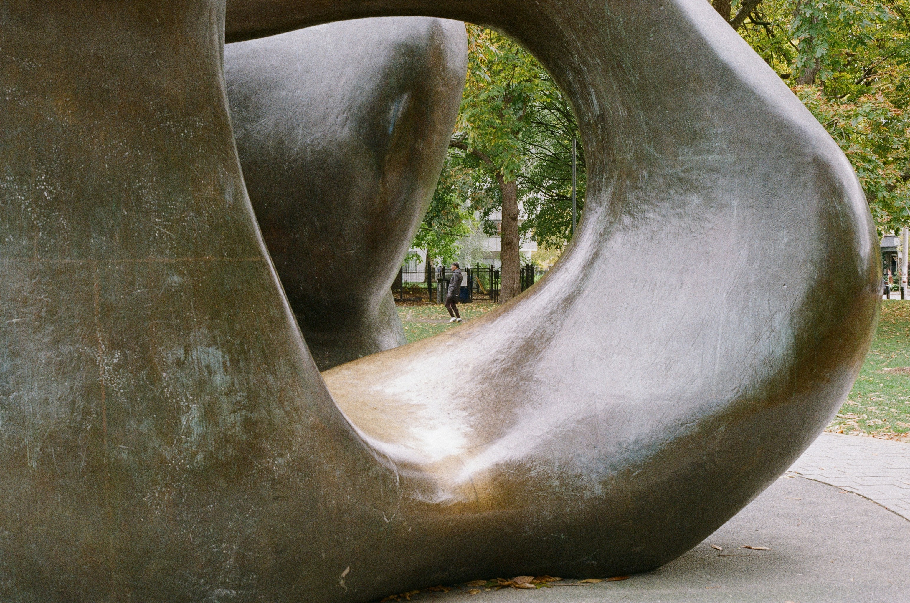 Abstract bronze sculpture in a park setting