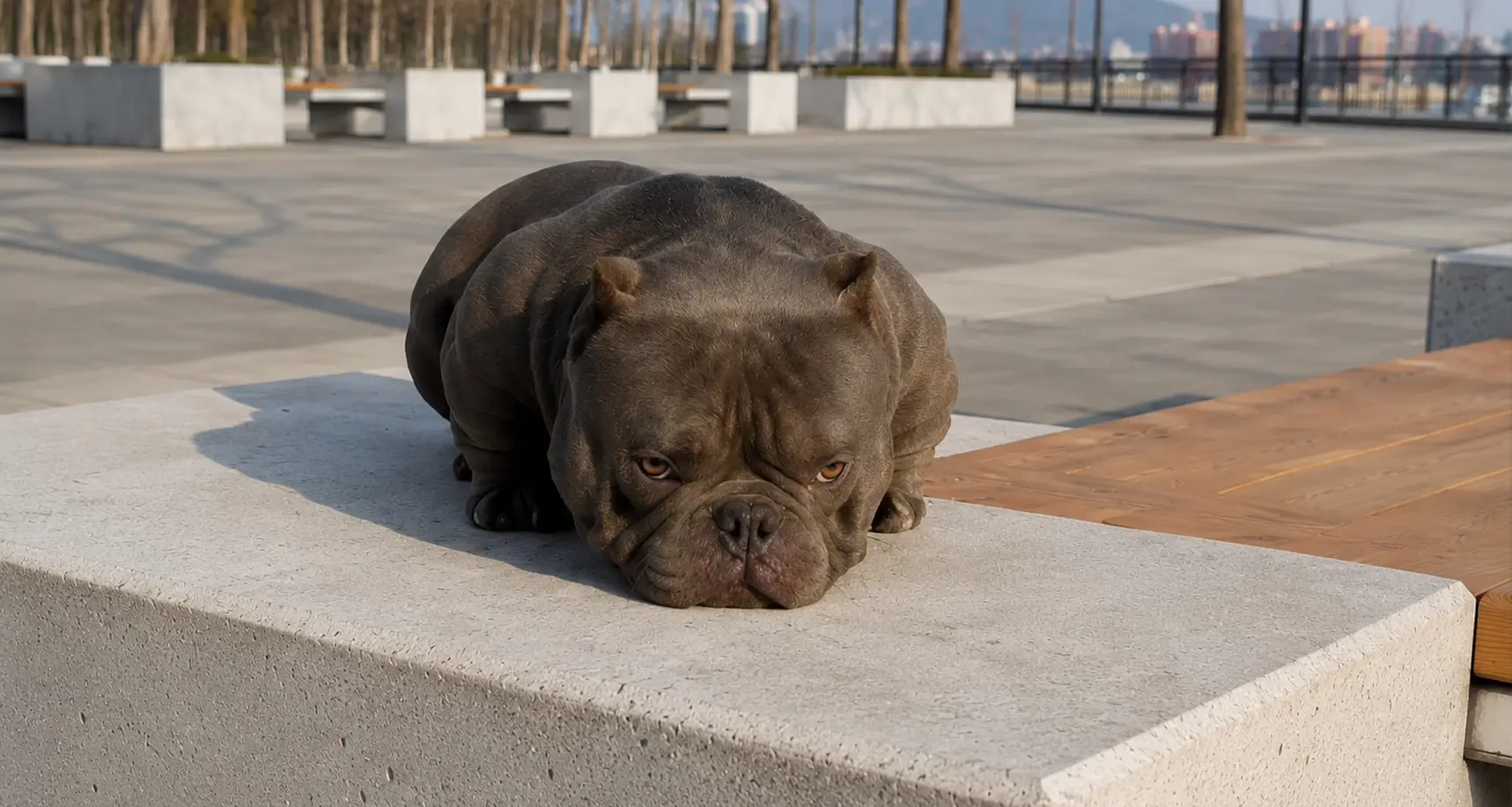 Blue Exotic Bully resting outdoors, showcasing the breed’s compact build, muscular physique, and distinctive proportions.