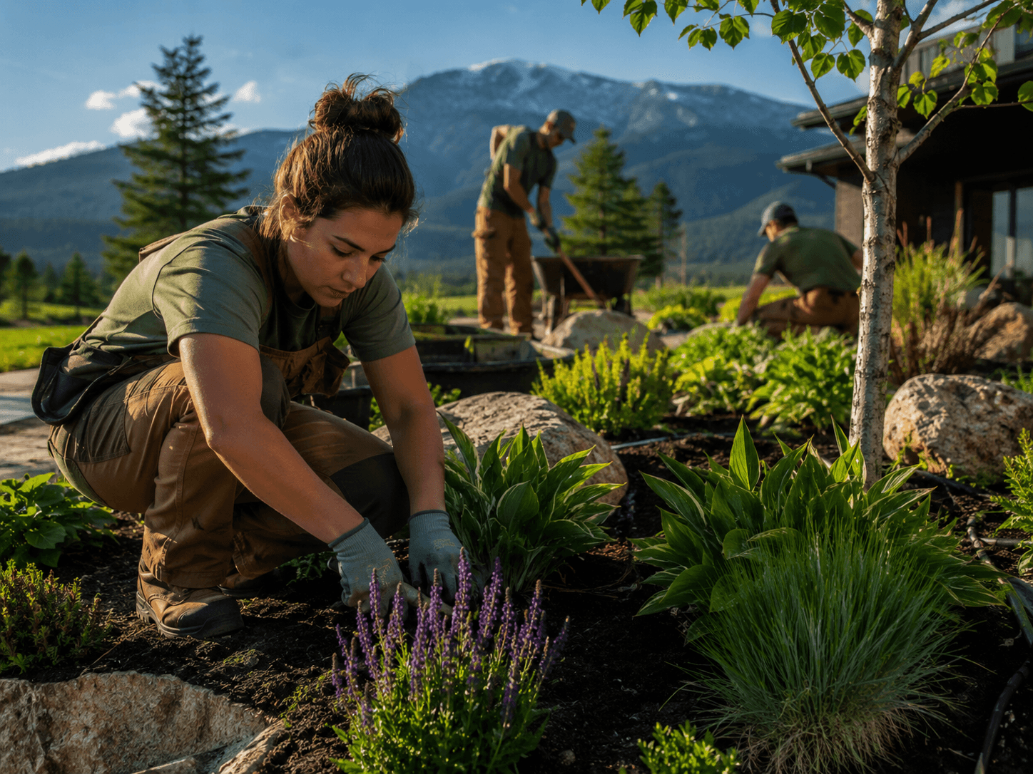 Landscaping crew planting a garden with mountains in the distance.