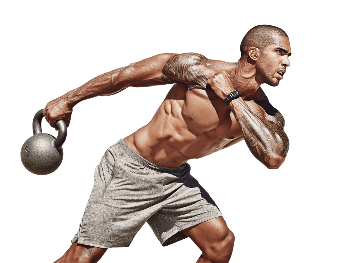thletic man performing dynamic kettlebell exercise, showcasing strength, tattoos, and muscular definition in a studio setting.