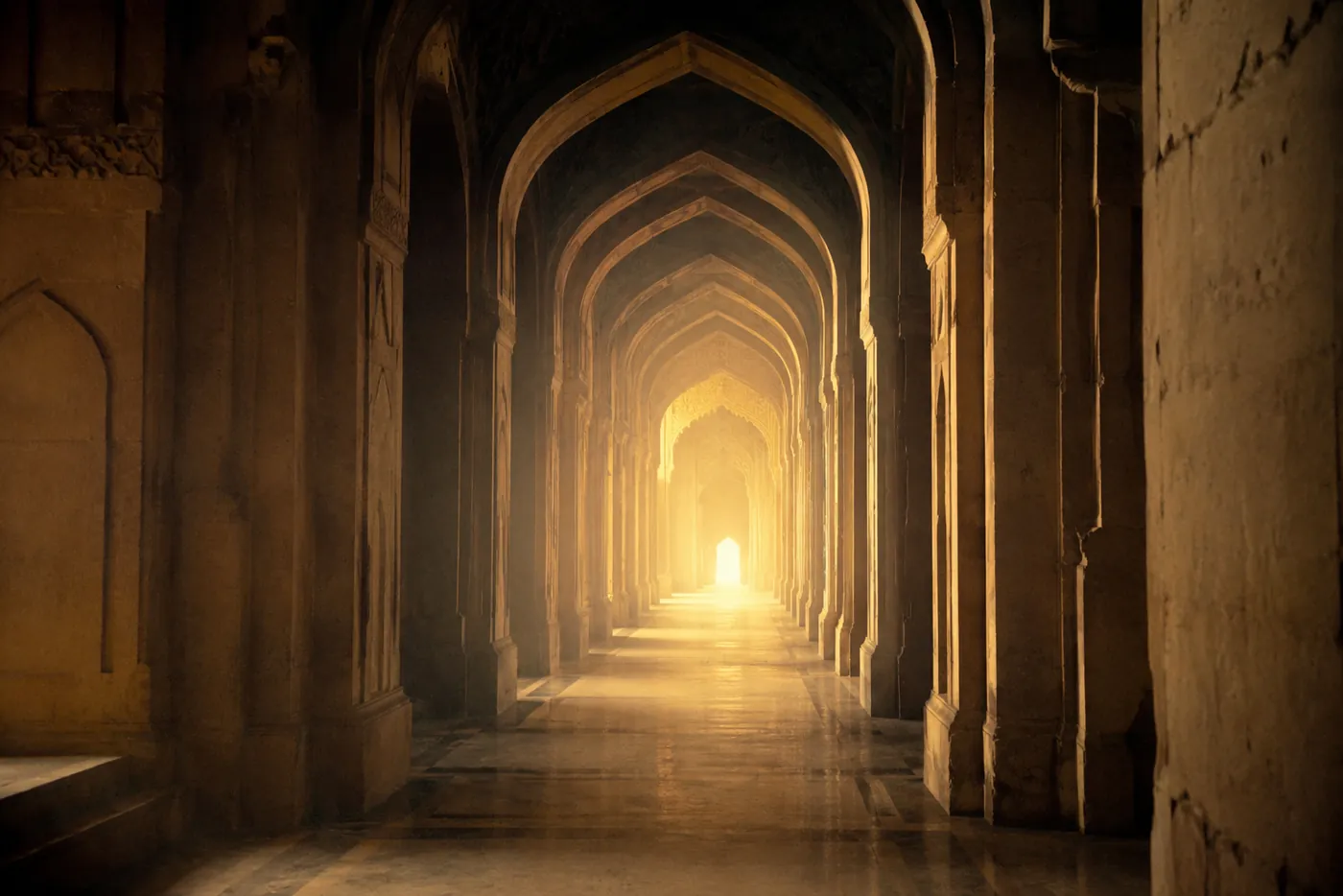 A stone archway corridor leading toward warm light in the distance
