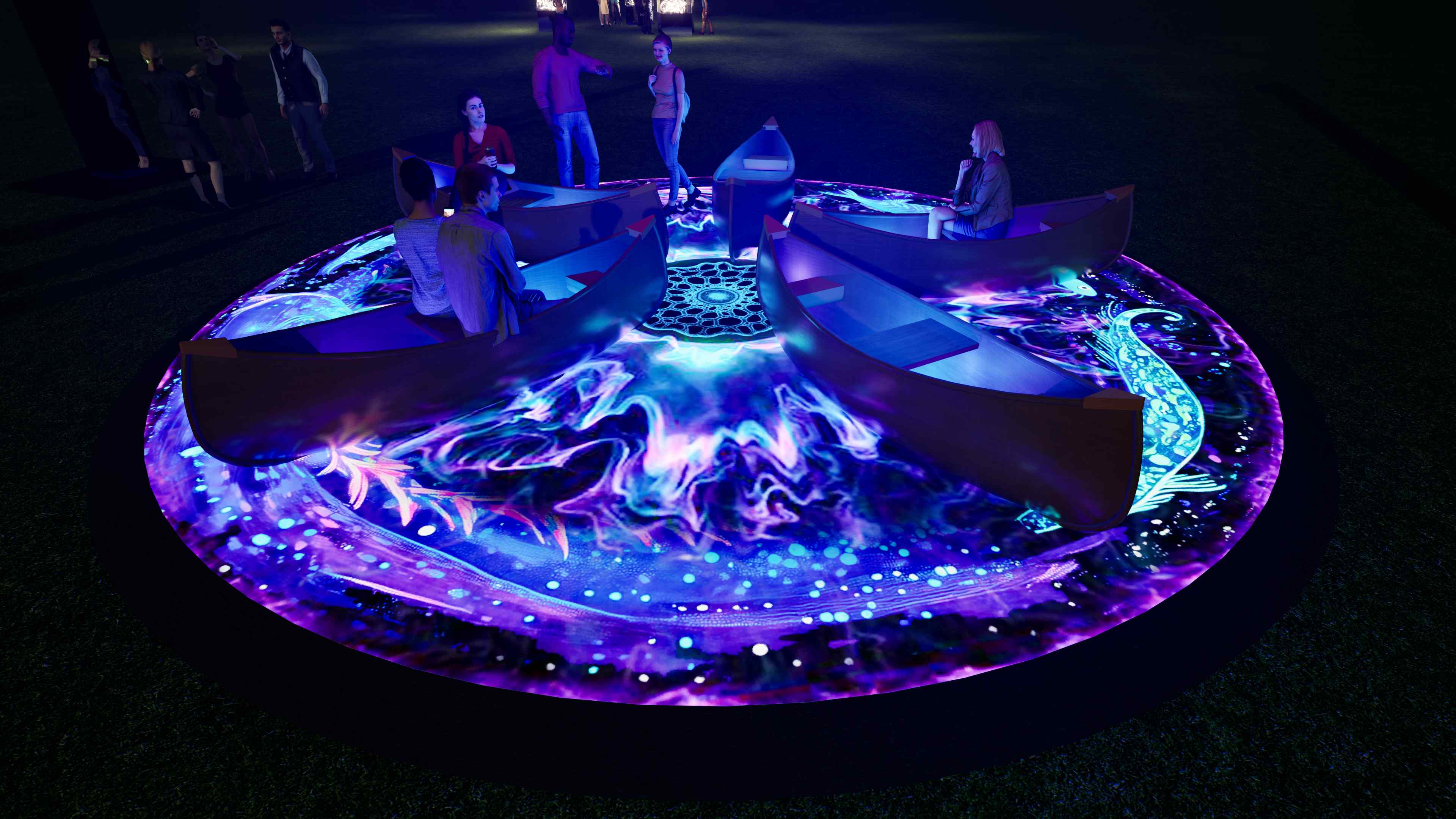 Angled view of interactive light platform with glowing surface graphics and participants in Vivid festival installation