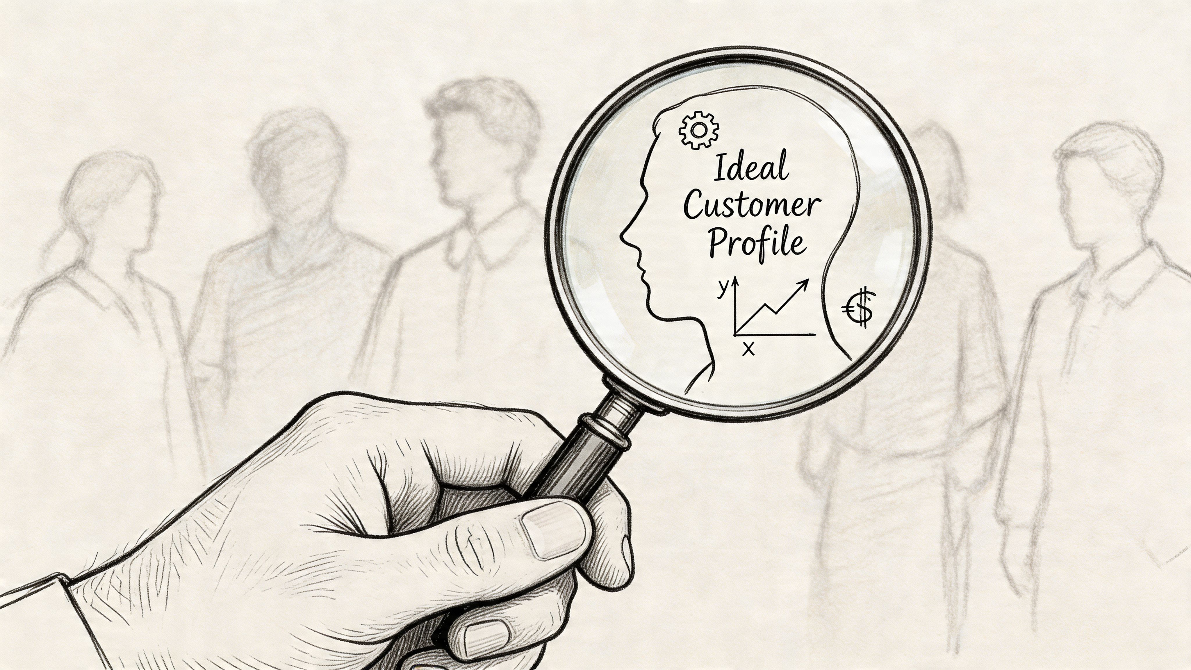 A hand holding a magnifying glass over an illustration depicting an ideal customer profile for marketing.